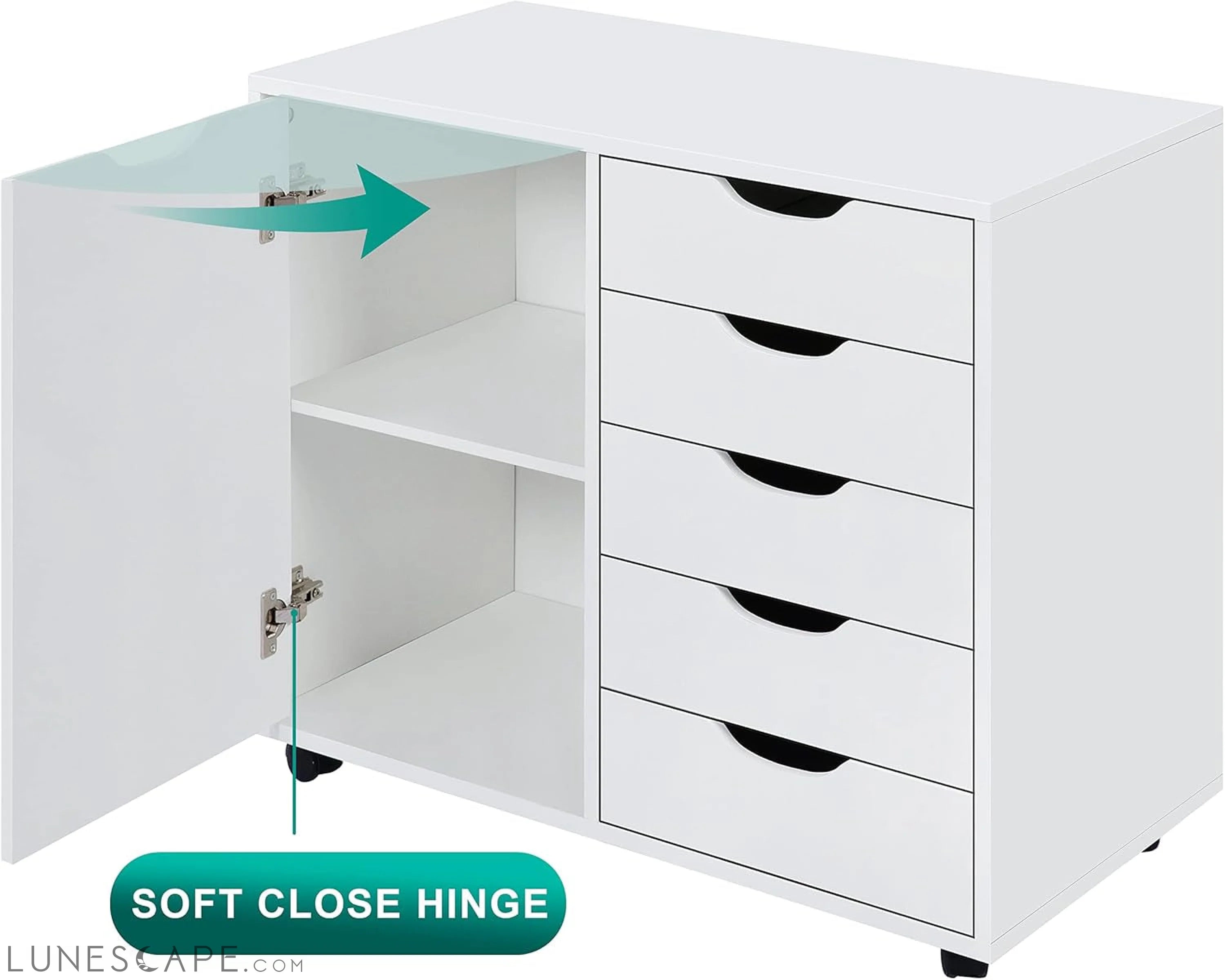 White Dresser with 5 Drawers & Wheels LUNESCAPE