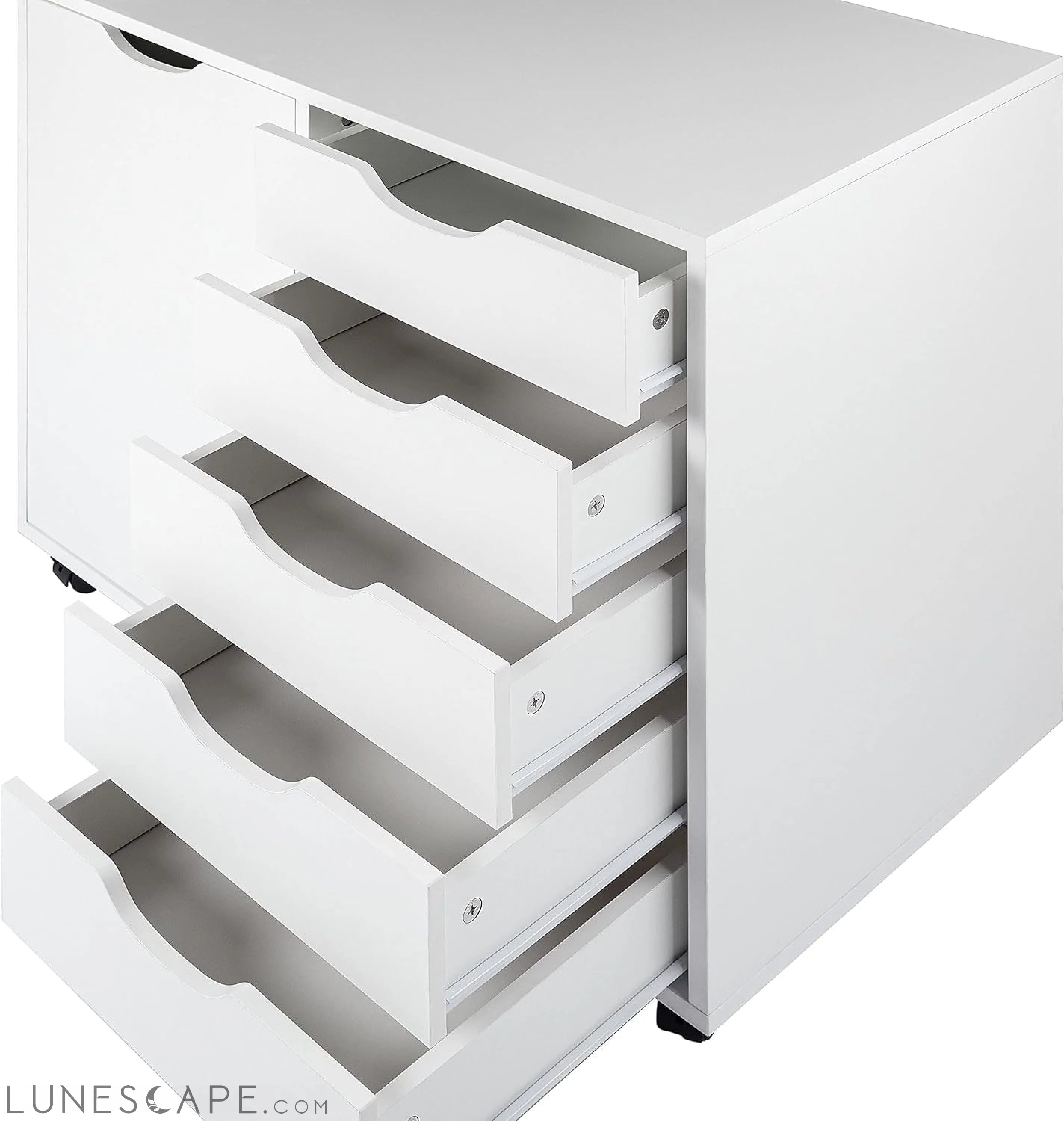 White Dresser with 5 Drawers & Wheels LUNESCAPE