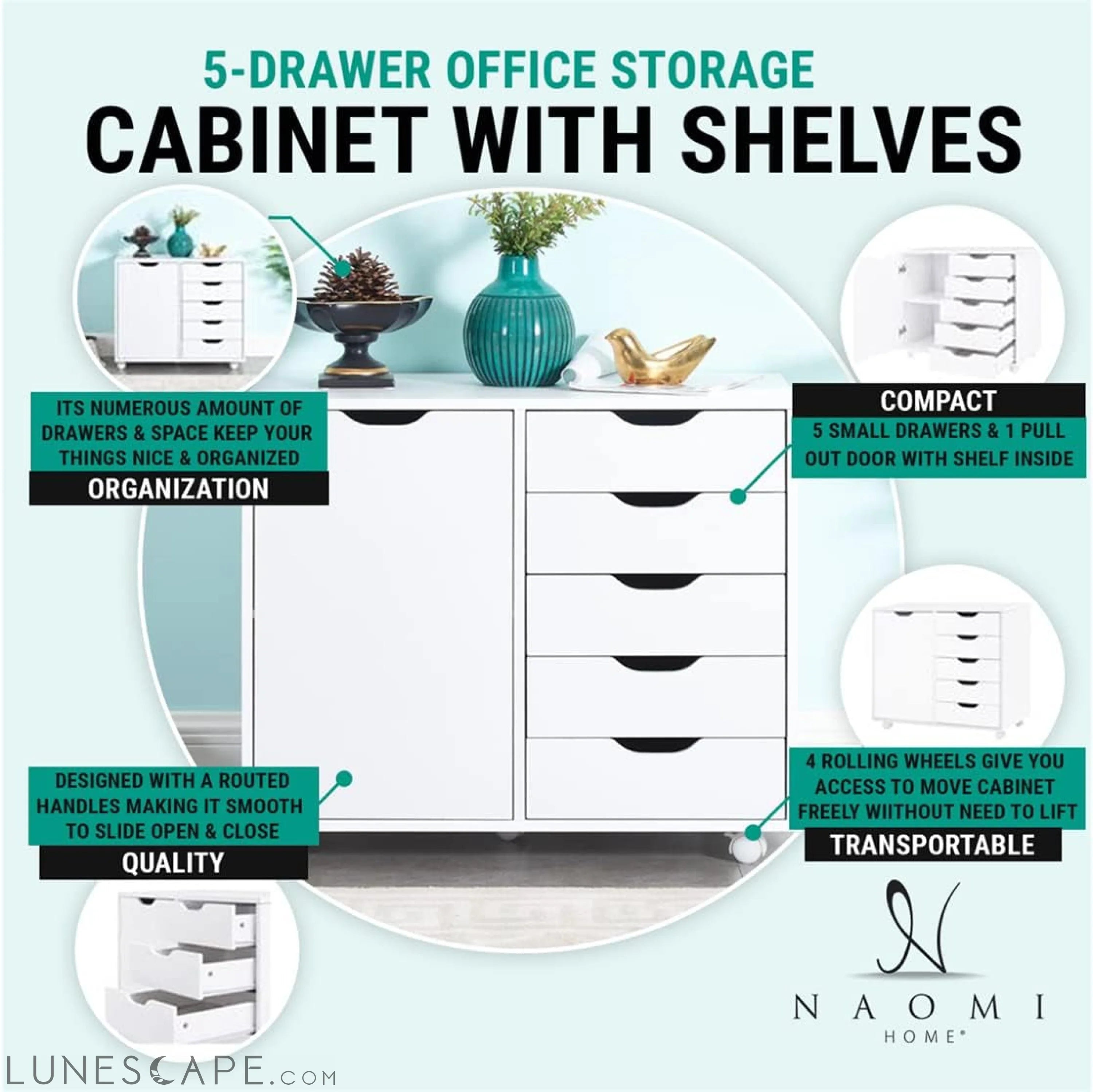 White Dresser with 5 Drawers & Wheels LUNESCAPE