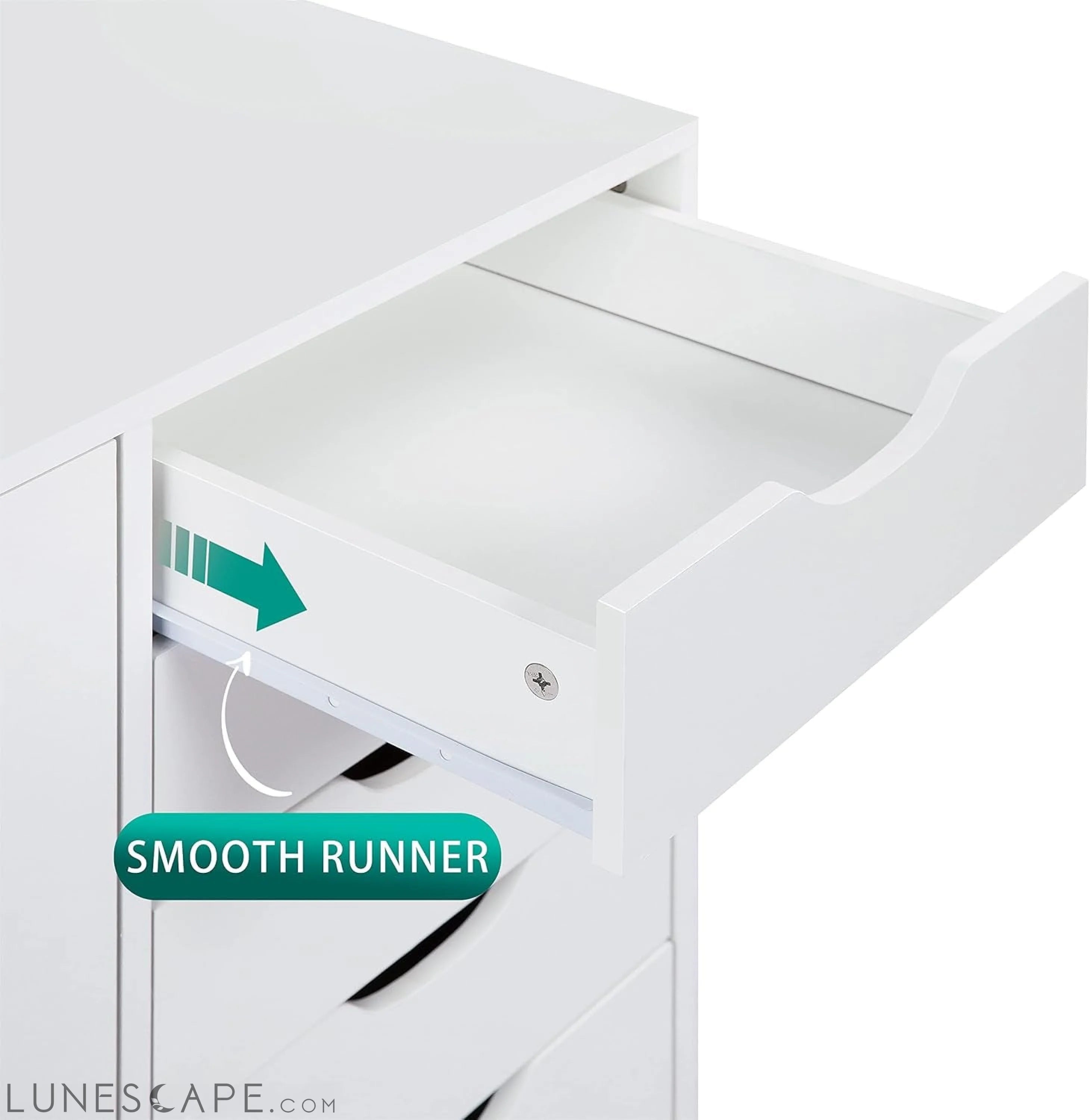 White Dresser with 5 Drawers & Wheels LUNESCAPE