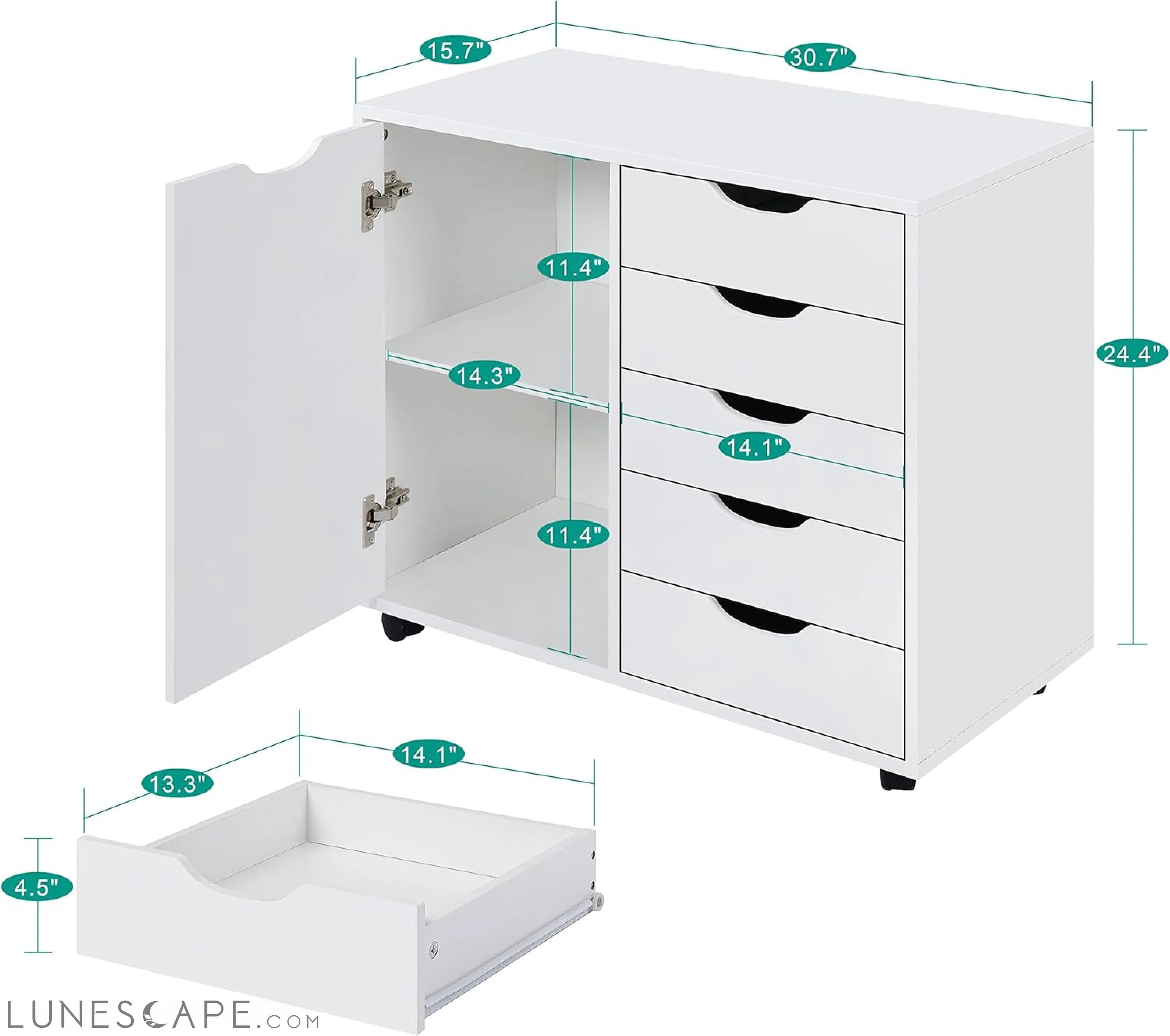 White Dresser with 5 Drawers & Wheels LUNESCAPE