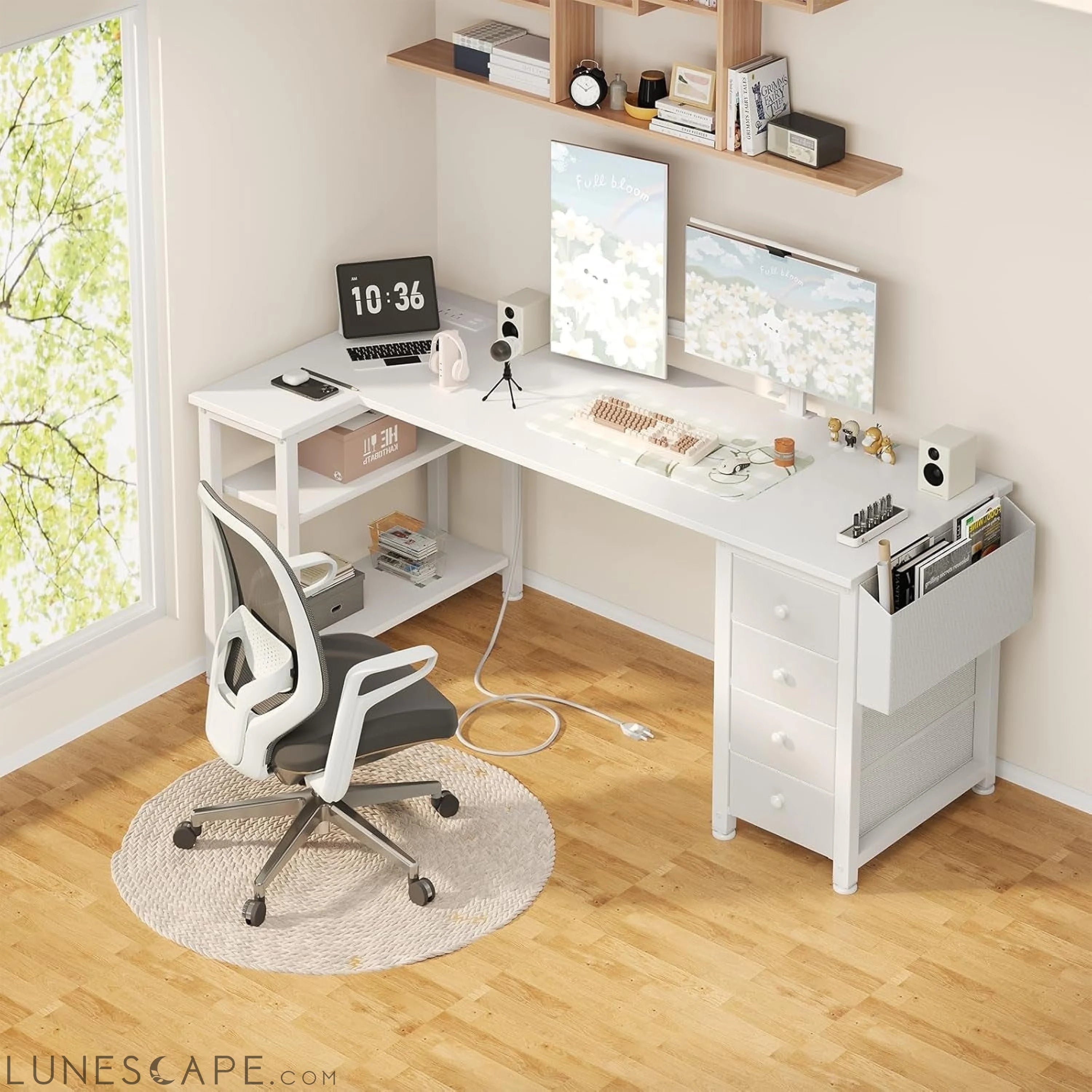 White L Shaped Desk with Drawers & Storage Shelves, 55 Inch Corner LUNESCAPE