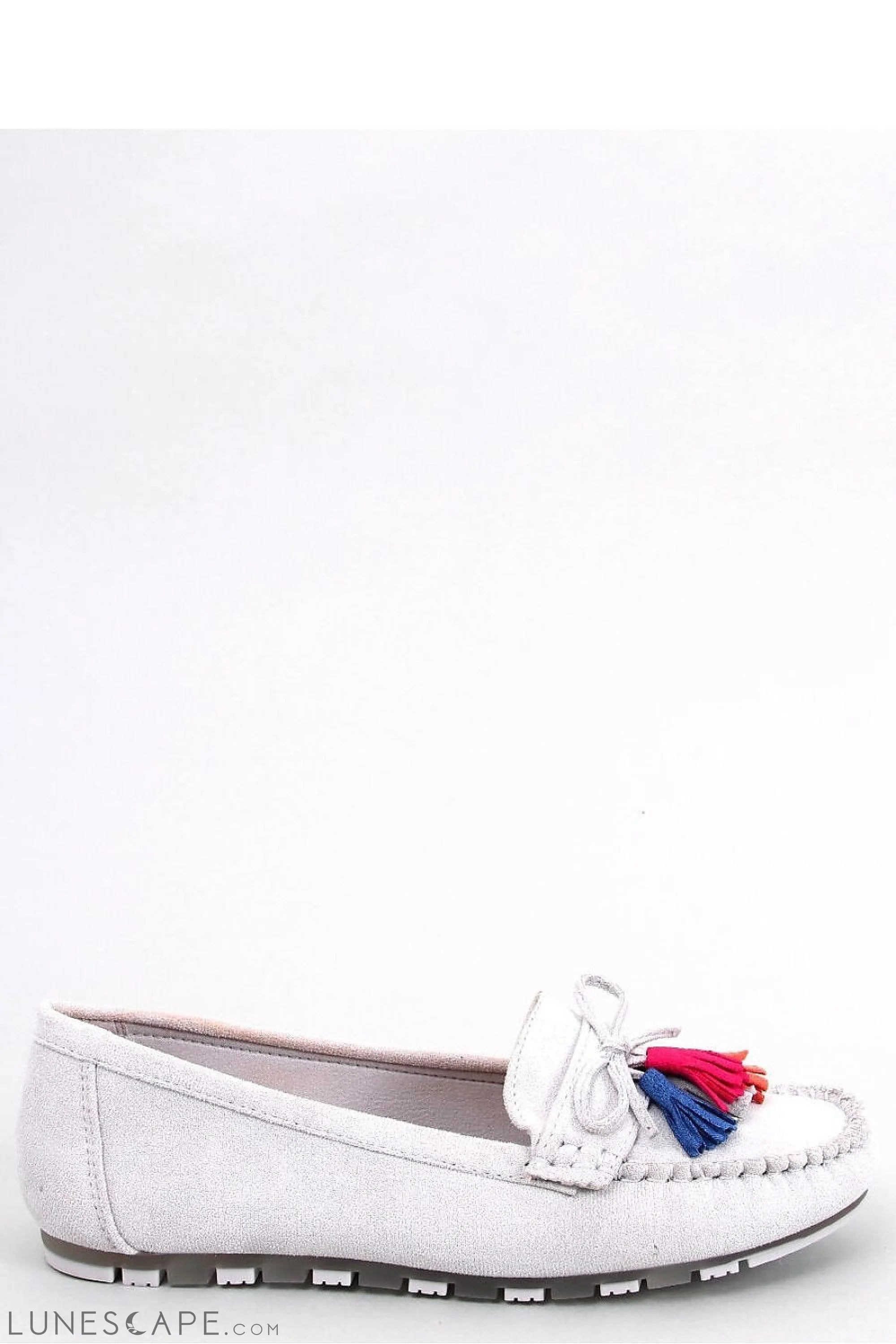 White Leather Moccasins with Red & Blue Tassels and Flexible Sole LUNESCAPE