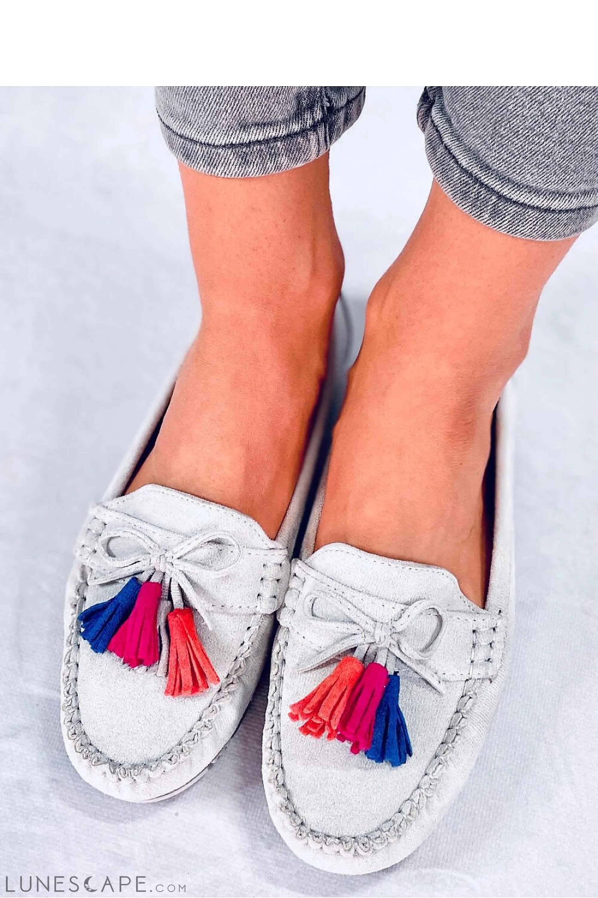 White Leather Moccasins with Red & Blue Tassels and Flexible Sole LUNESCAPE