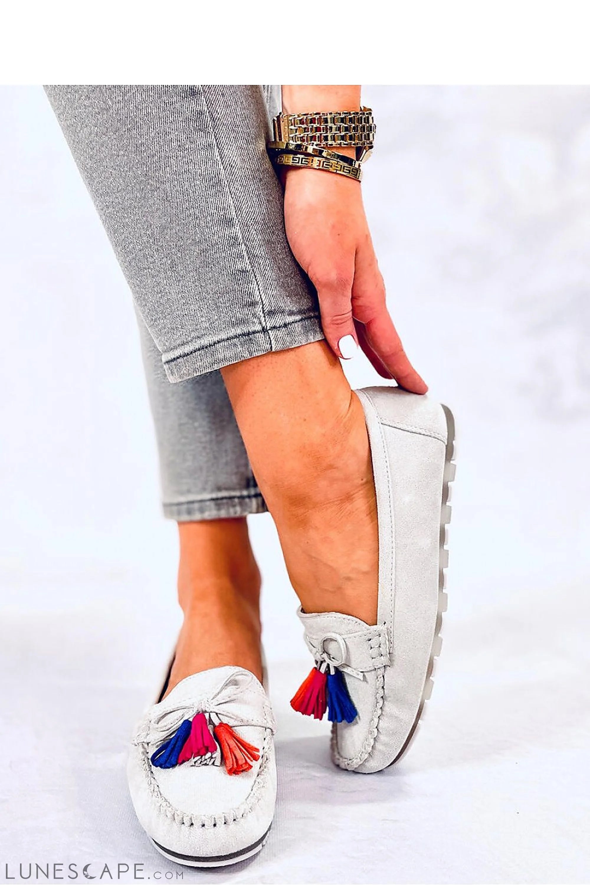 White Leather Moccasins with Red & Blue Tassels and Flexible Sole LUNESCAPE