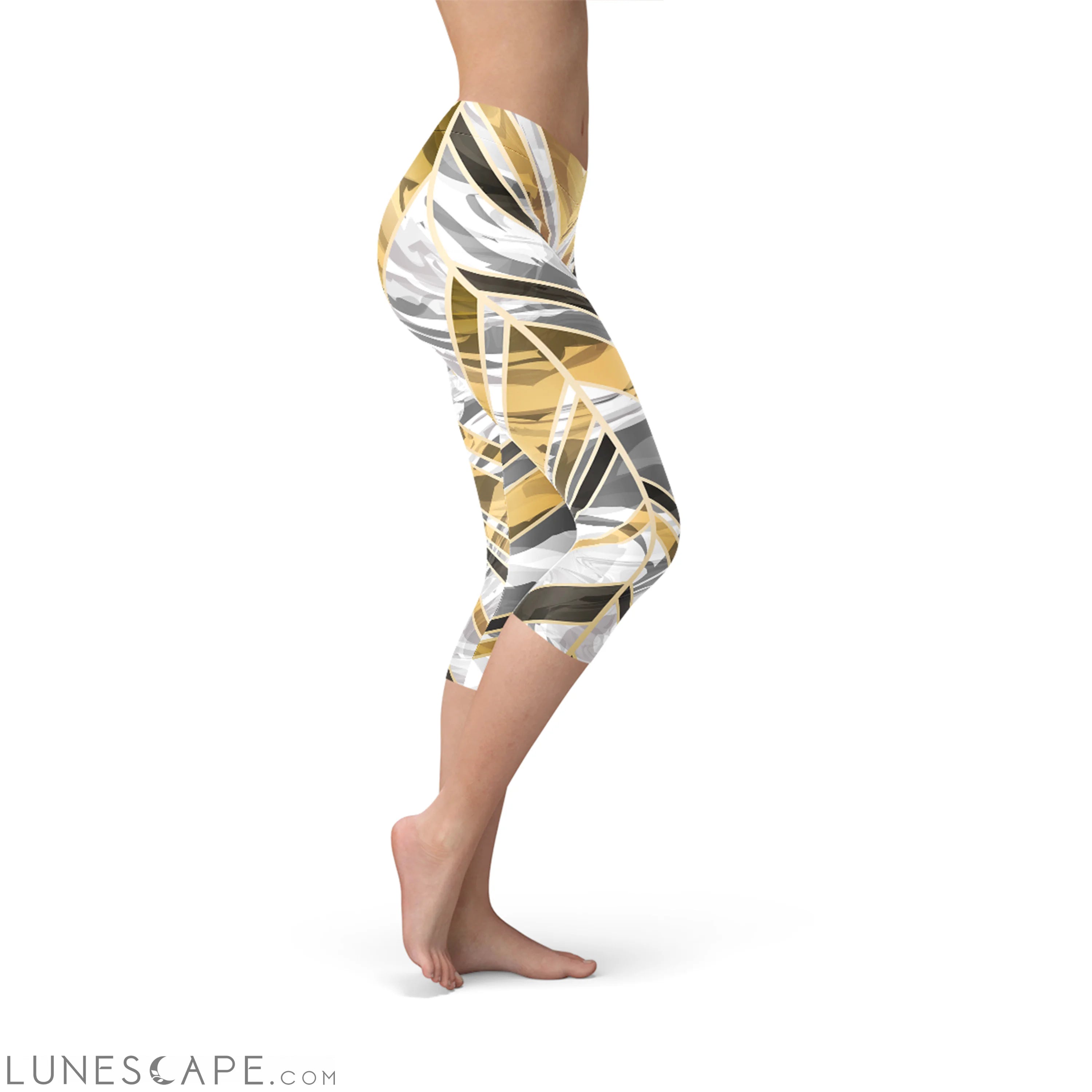 White Marble w/ Black Gold Lines Capri Leggings Leggings
