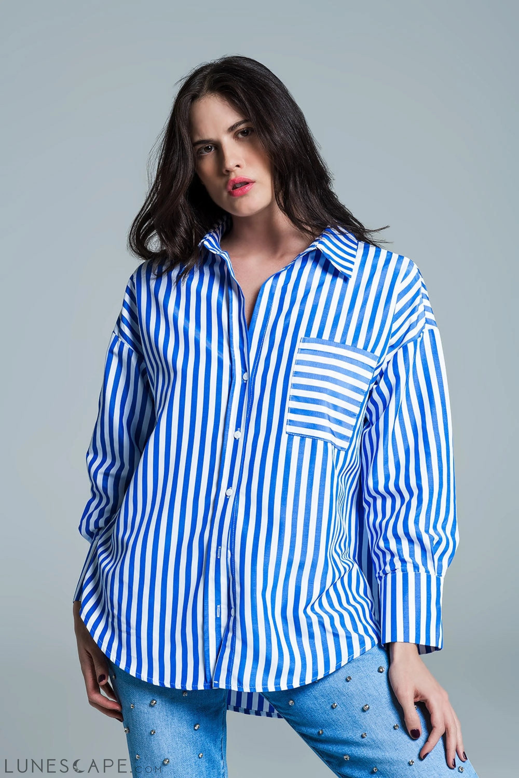White Oversized Blouse With Vertical Stripes in Blue and Chest Pocket LUNESCAPE