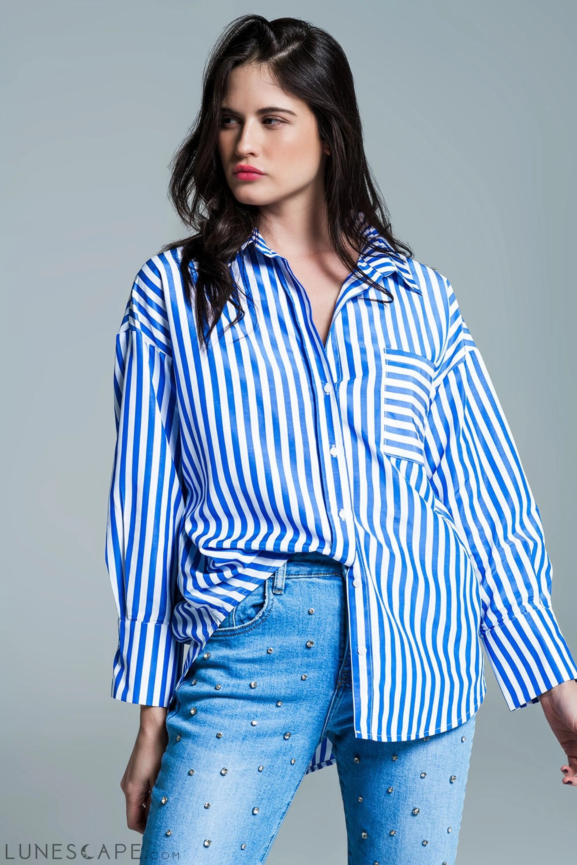 White Oversized Blouse With Vertical Stripes in Blue and Chest Pocket LUNESCAPE