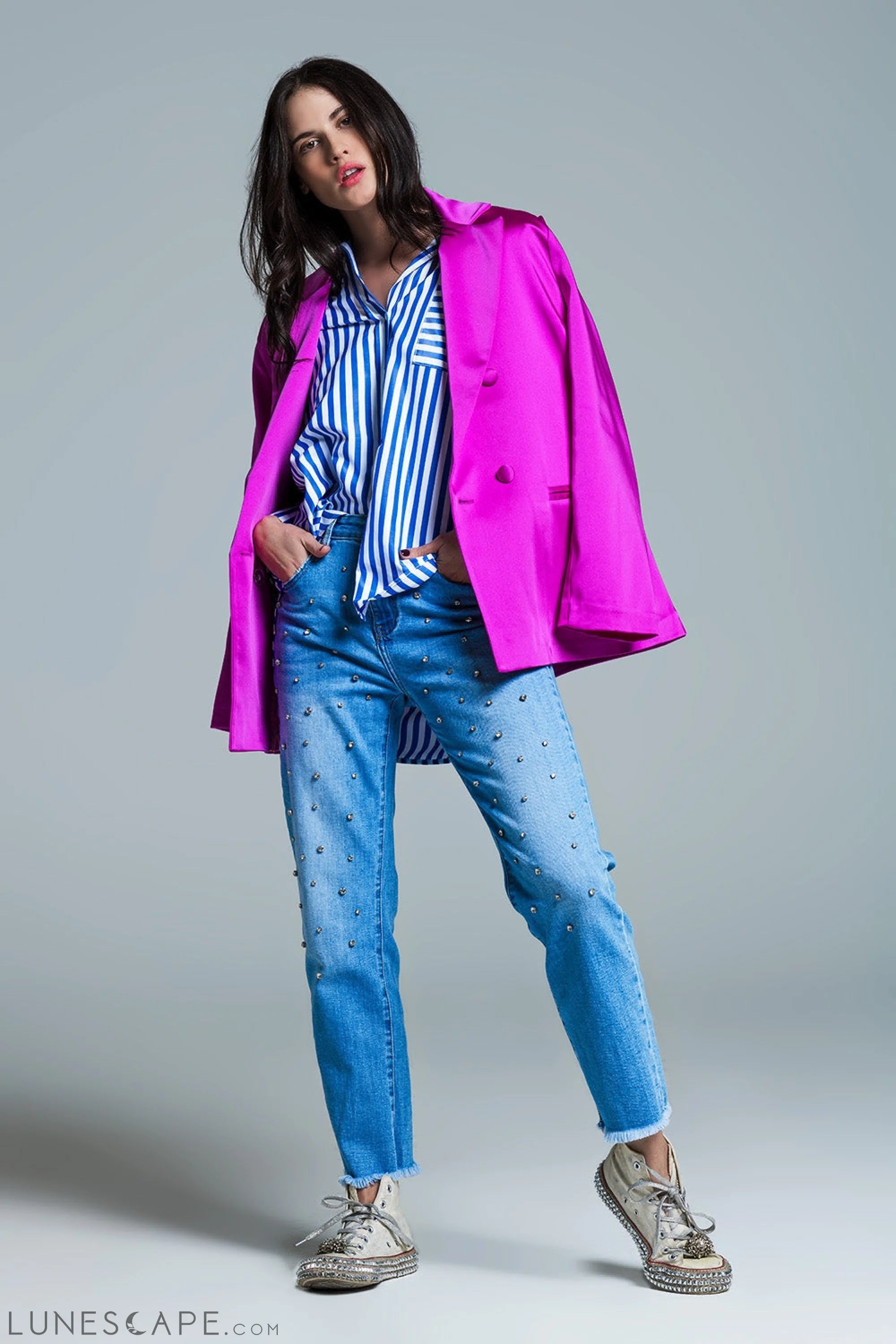 White Oversized Blouse With Vertical Stripes in Blue and Chest Pocket LUNESCAPE