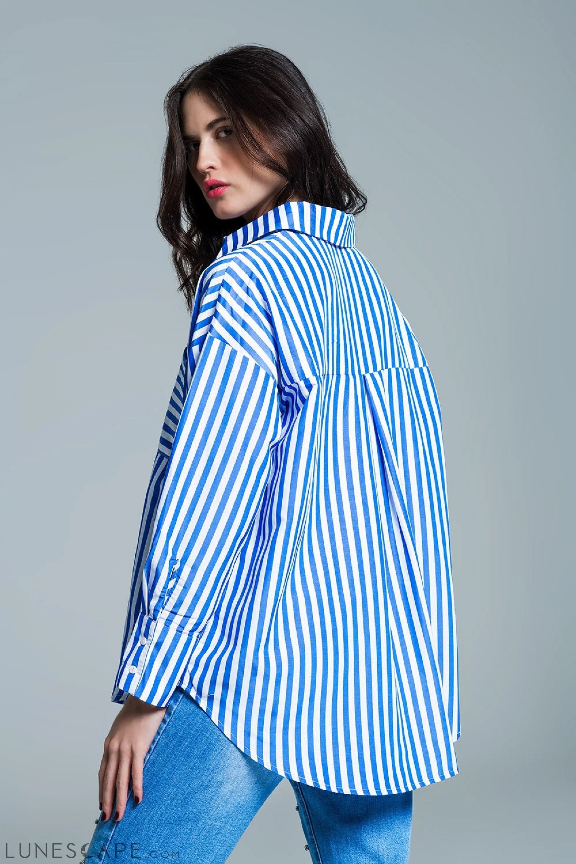 White Oversized Blouse With Vertical Stripes in Blue and Chest Pocket LUNESCAPE