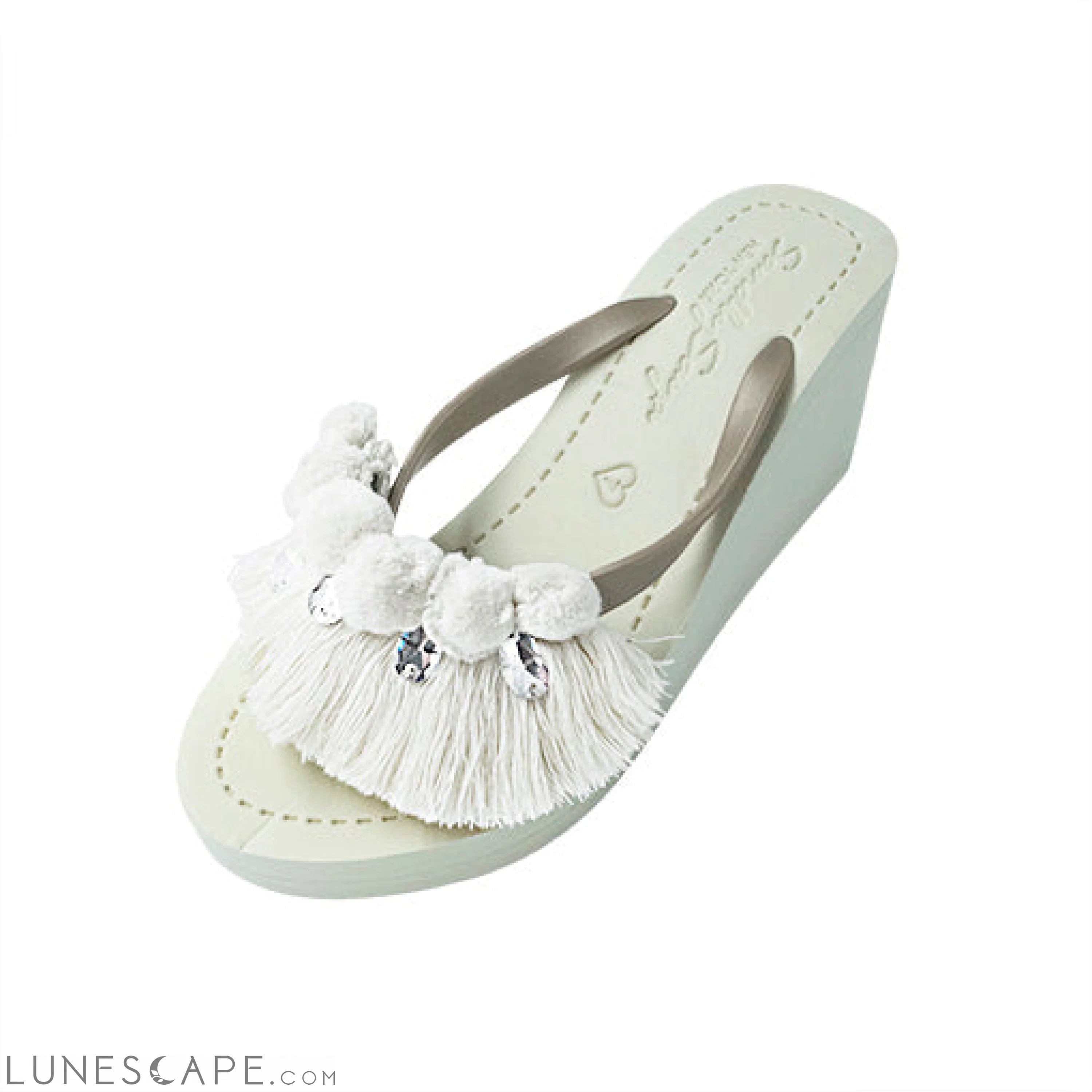 White Pom Pom Fringe - Women's High Wedge LUNESCAPE