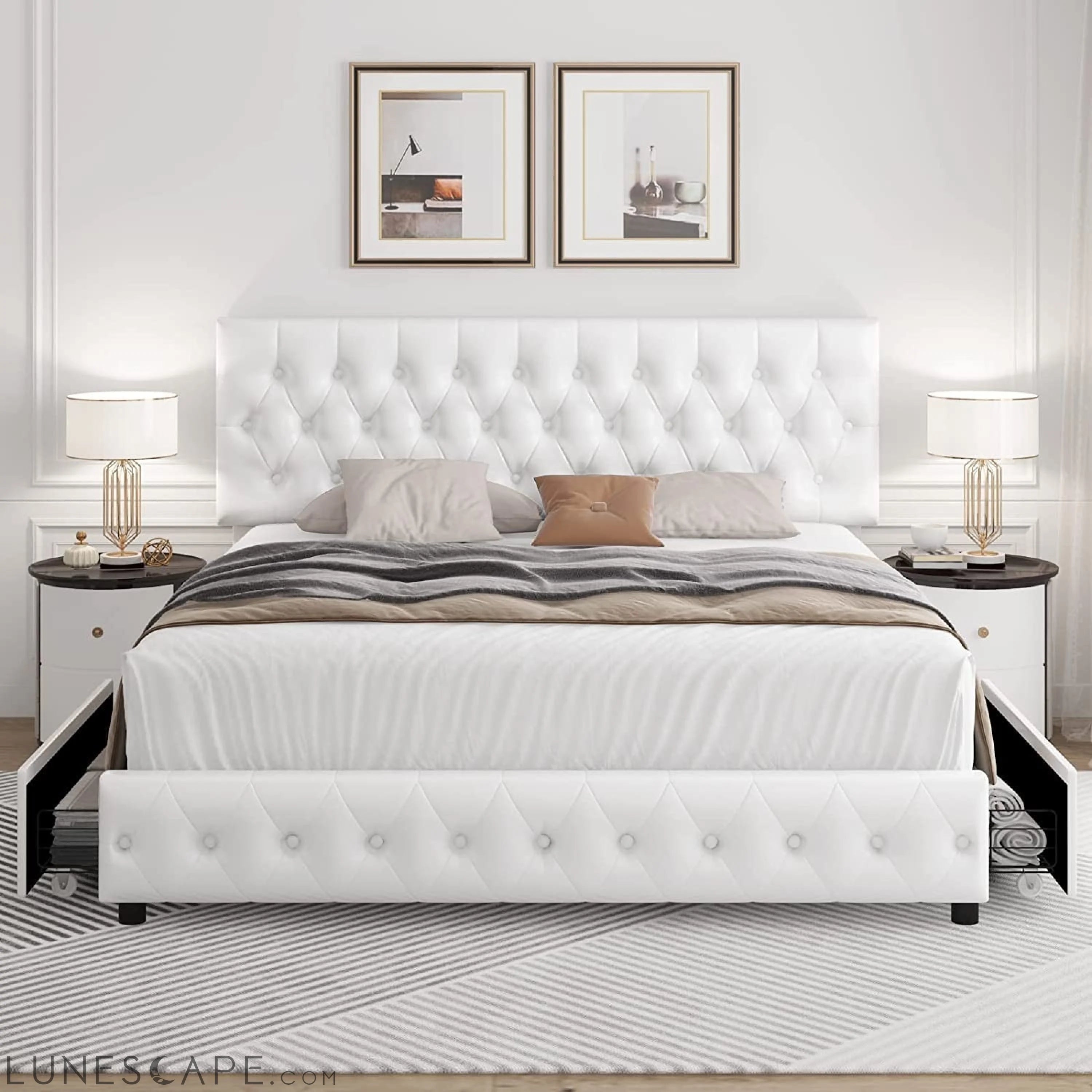 White Queen Bed Frame with Button Tufted Headboard LUNESCAPE