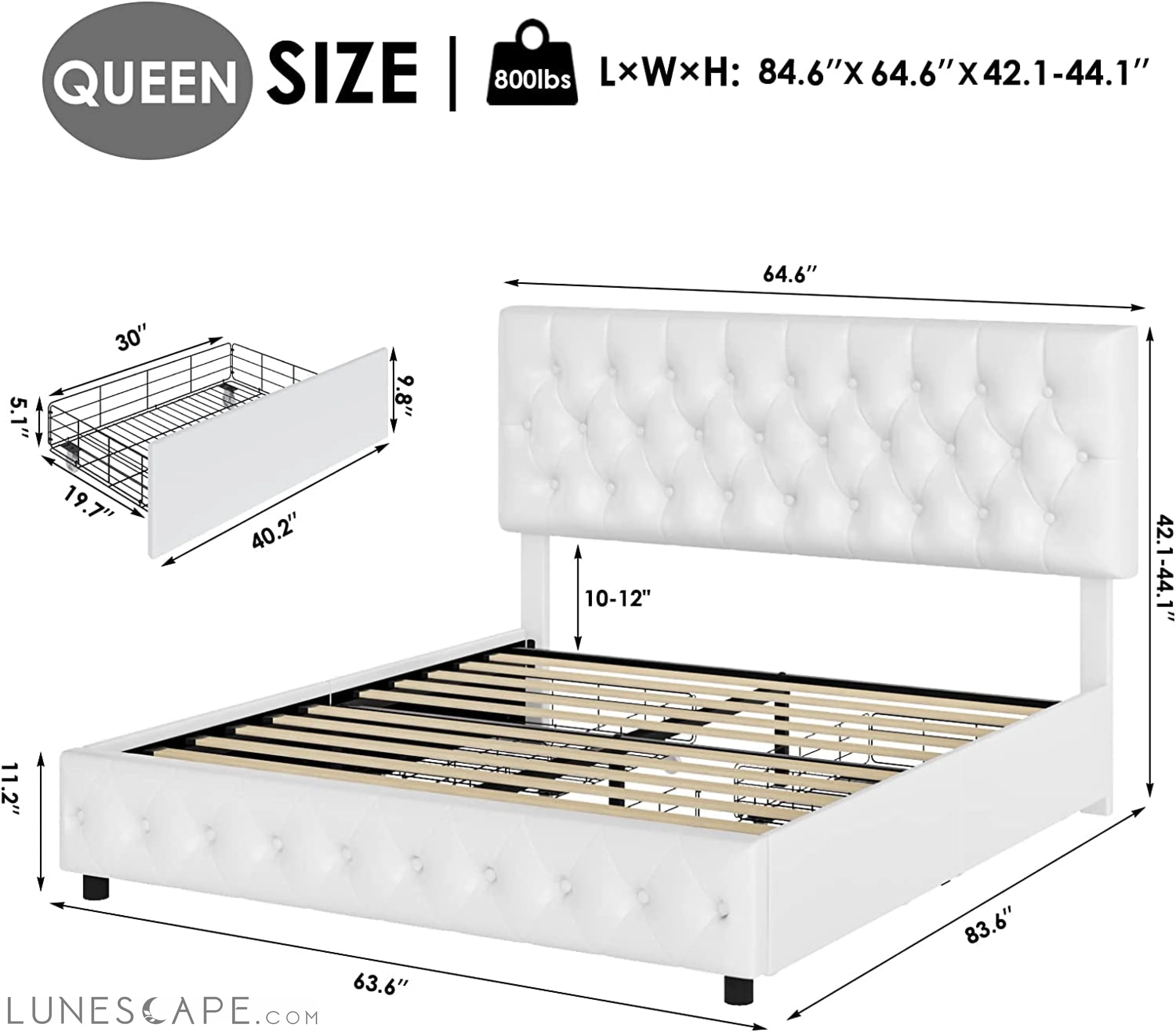 White Queen Bed Frame with Button Tufted Headboard LUNESCAPE