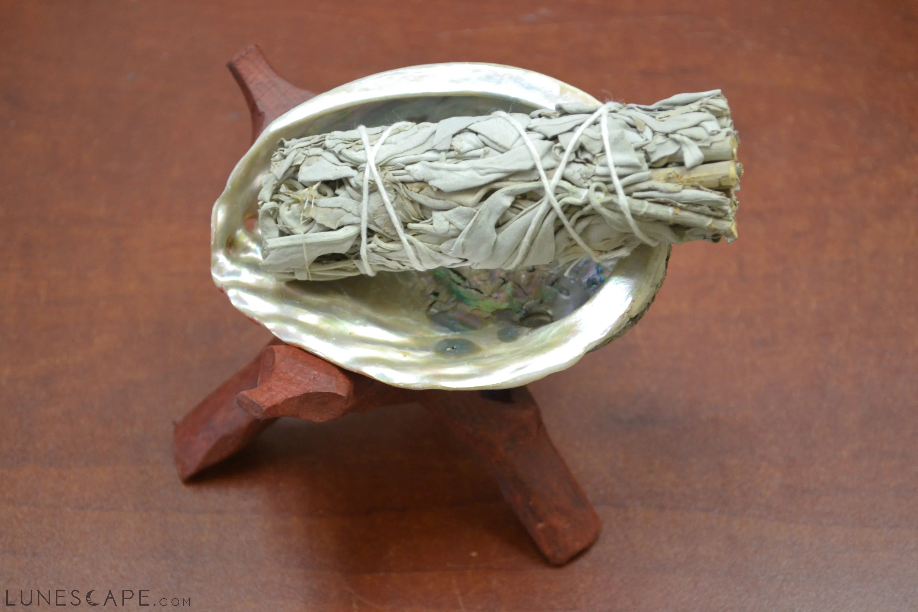 White Sage With Abalone Shell And Wood Stand Smudging Burning Kit LUNESCAPE