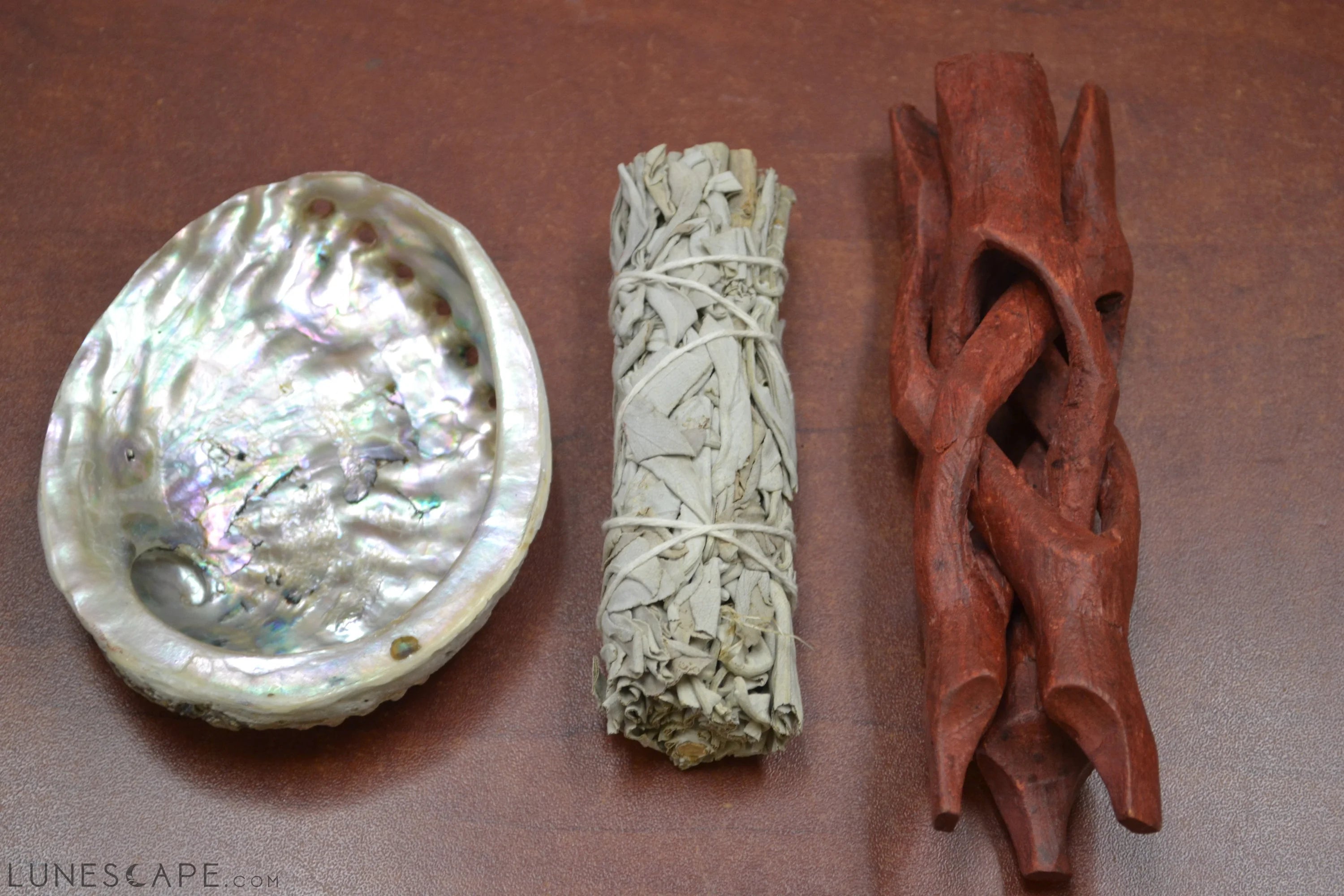 White Sage With Abalone Shell And Wood Stand Smudging Burning Kit LUNESCAPE