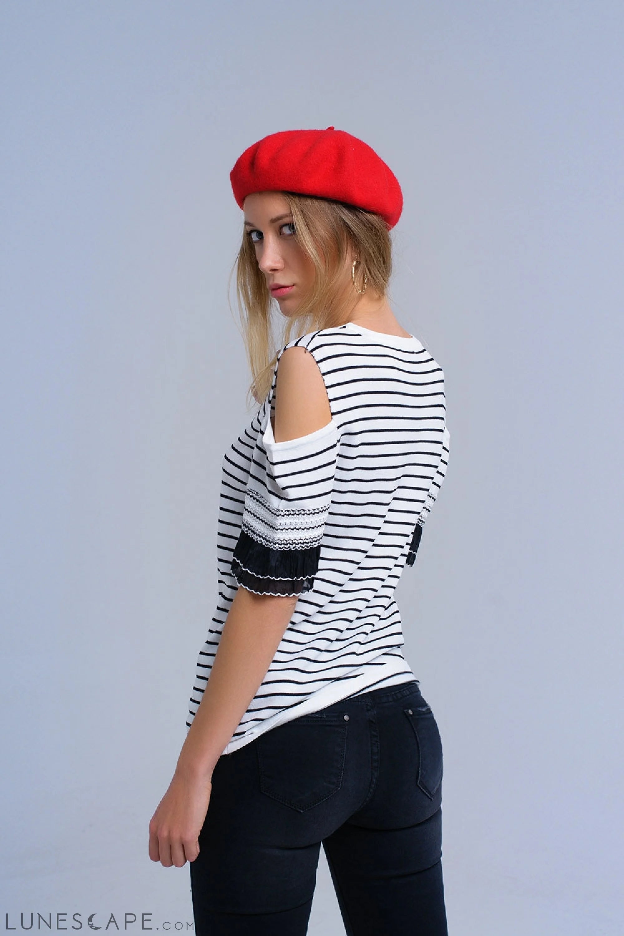 White Striped Knit Nautical Off-Shoulder Short Sleeve Womens Top With Embroidery LUNESCAPE