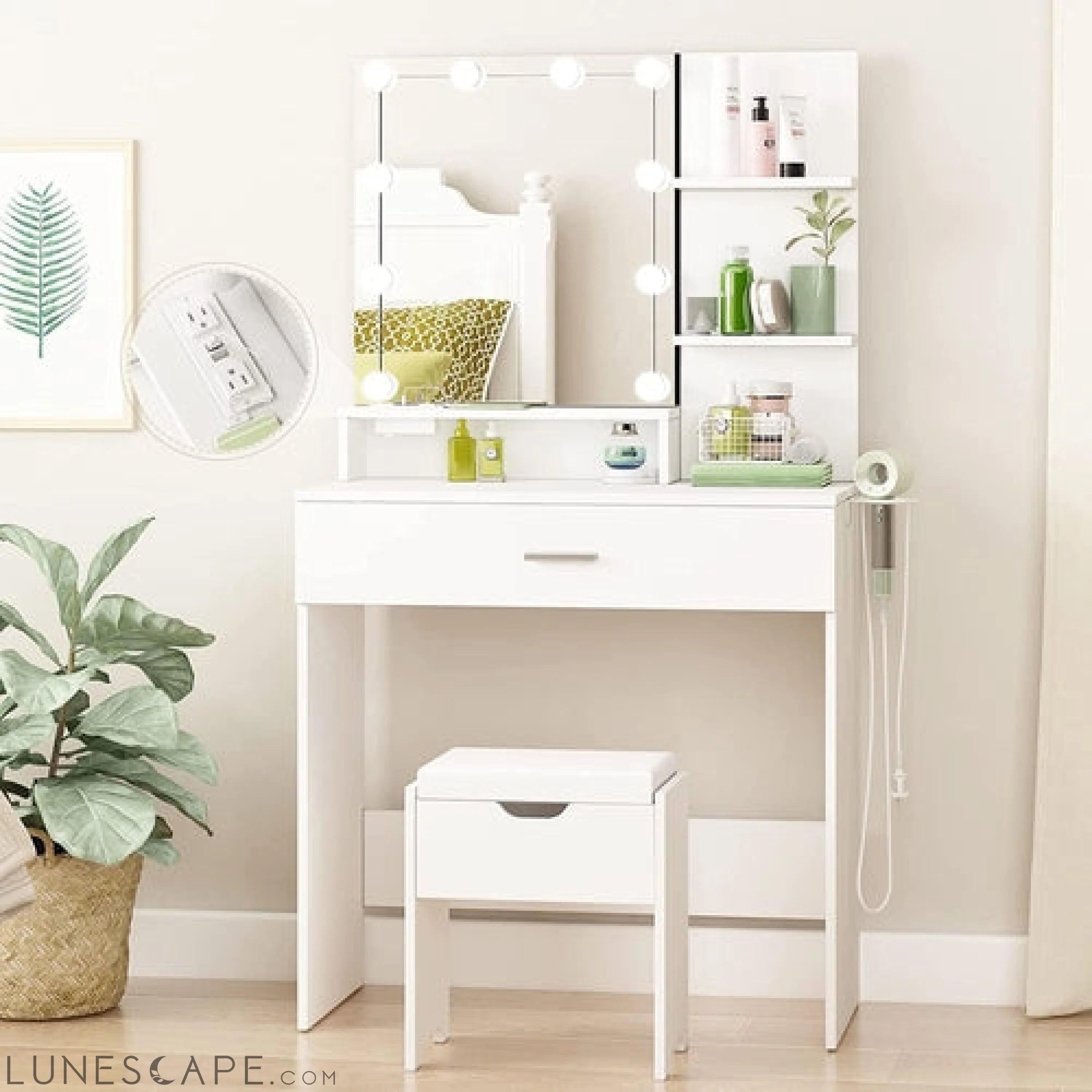 White Vanity Set with Lighted Mirror & Power LUNESCAPE