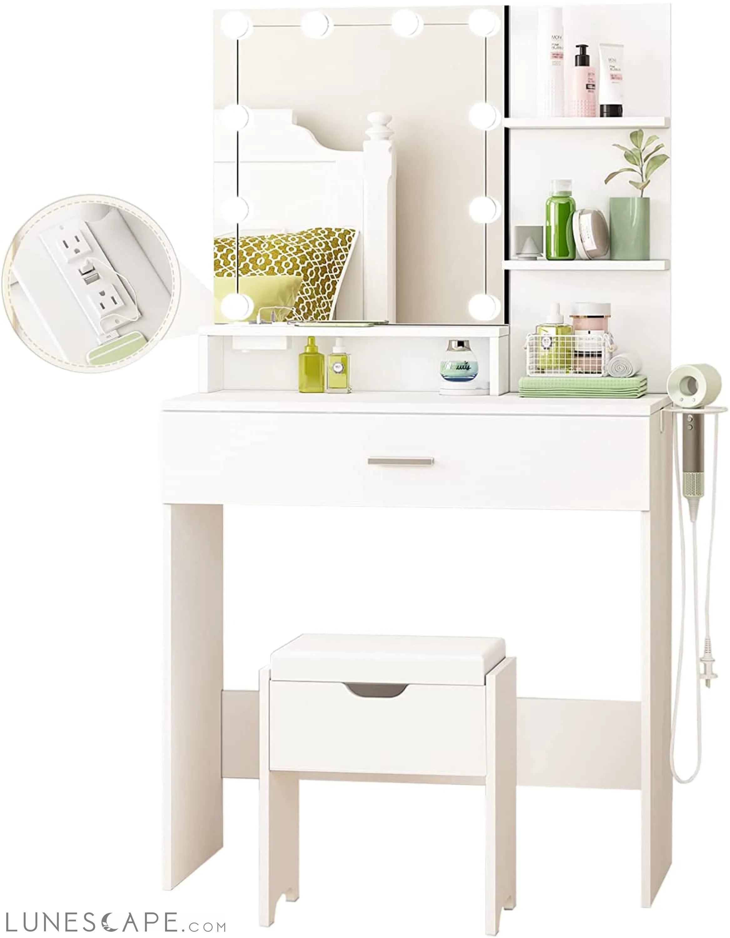 White Vanity Set with Lighted Mirror & Power LUNESCAPE