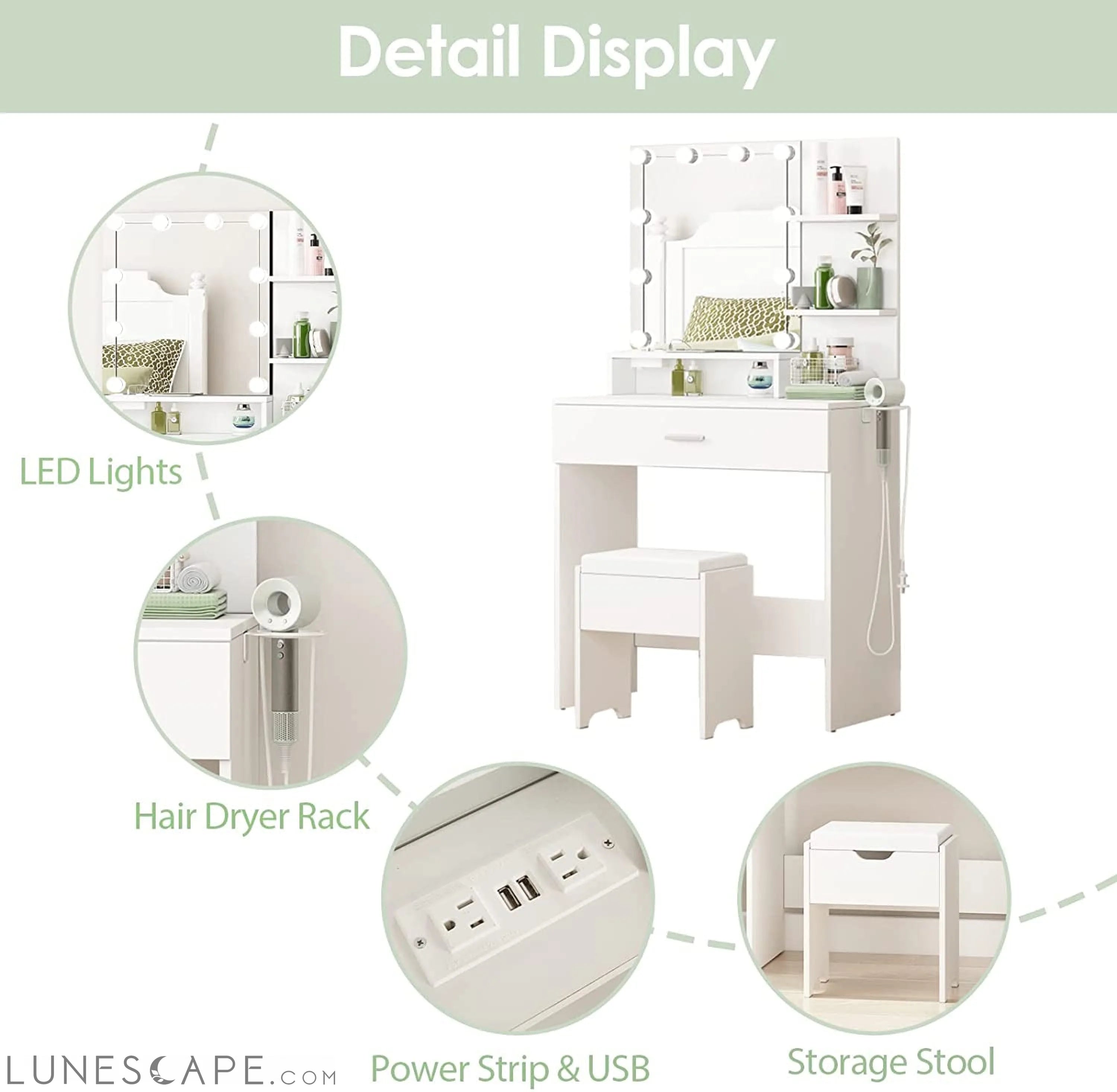 White Vanity Set with Lighted Mirror & Power LUNESCAPE