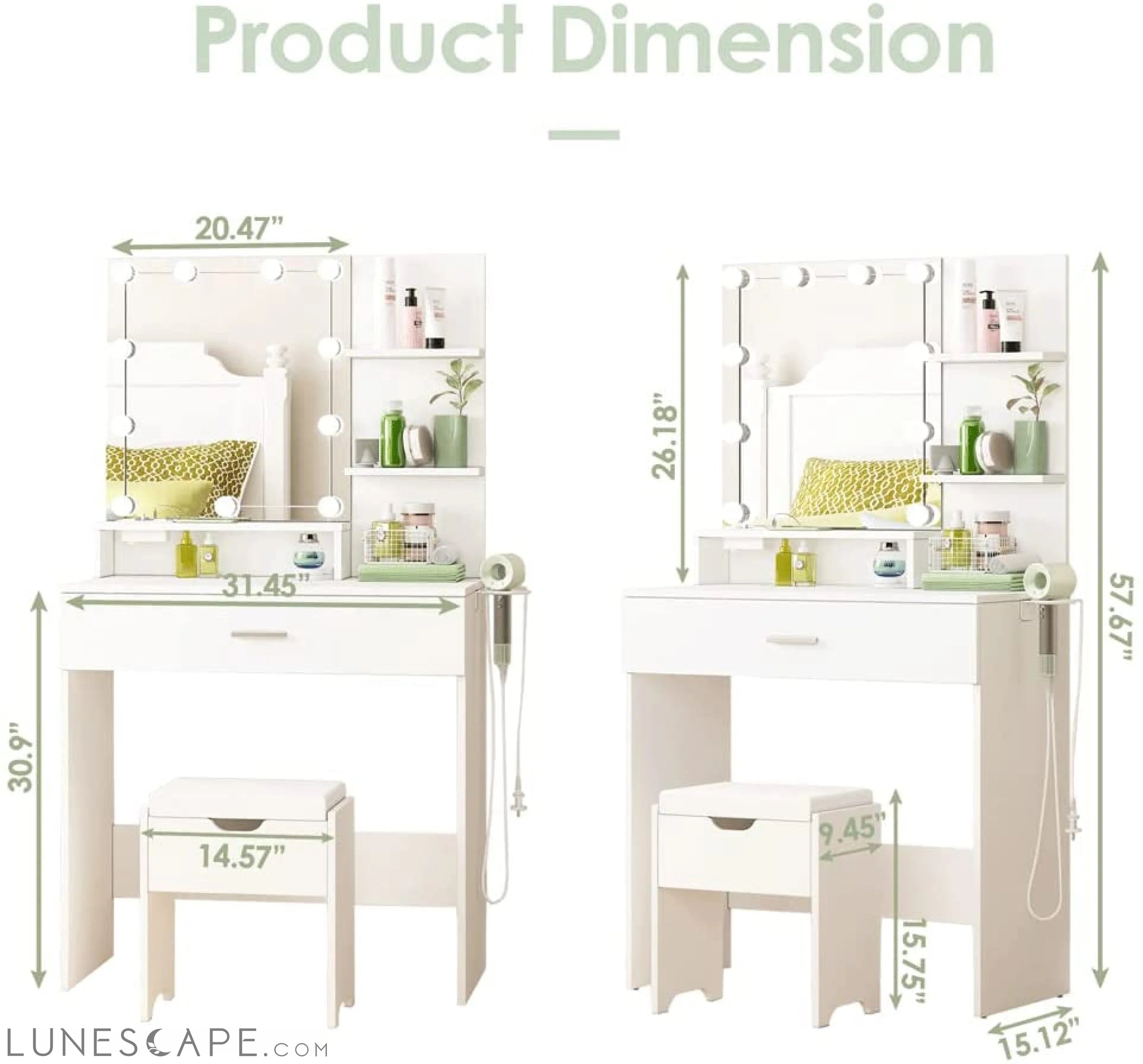 White Vanity Set with Lighted Mirror & Power LUNESCAPE
