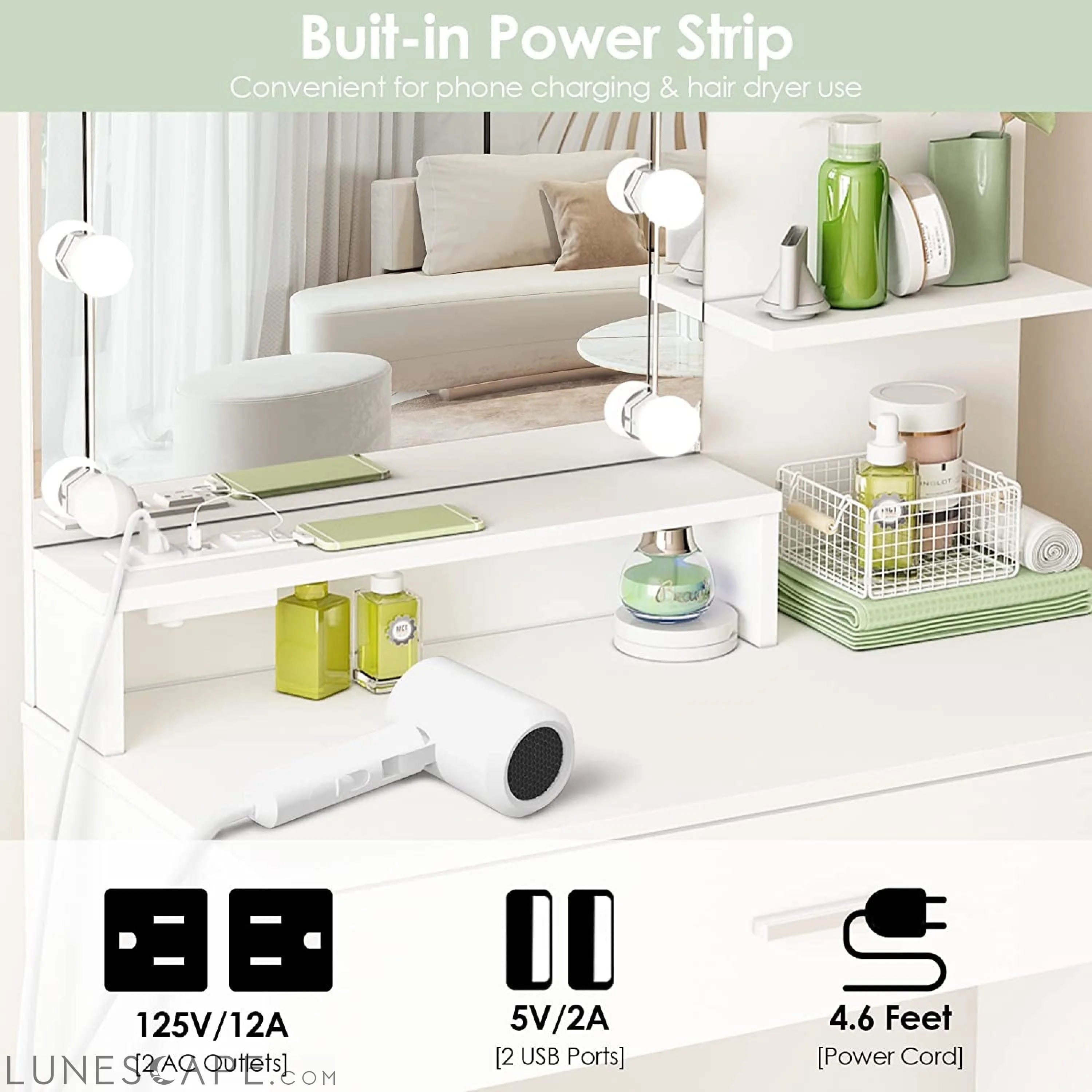 White Vanity Set with Lighted Mirror & Power LUNESCAPE