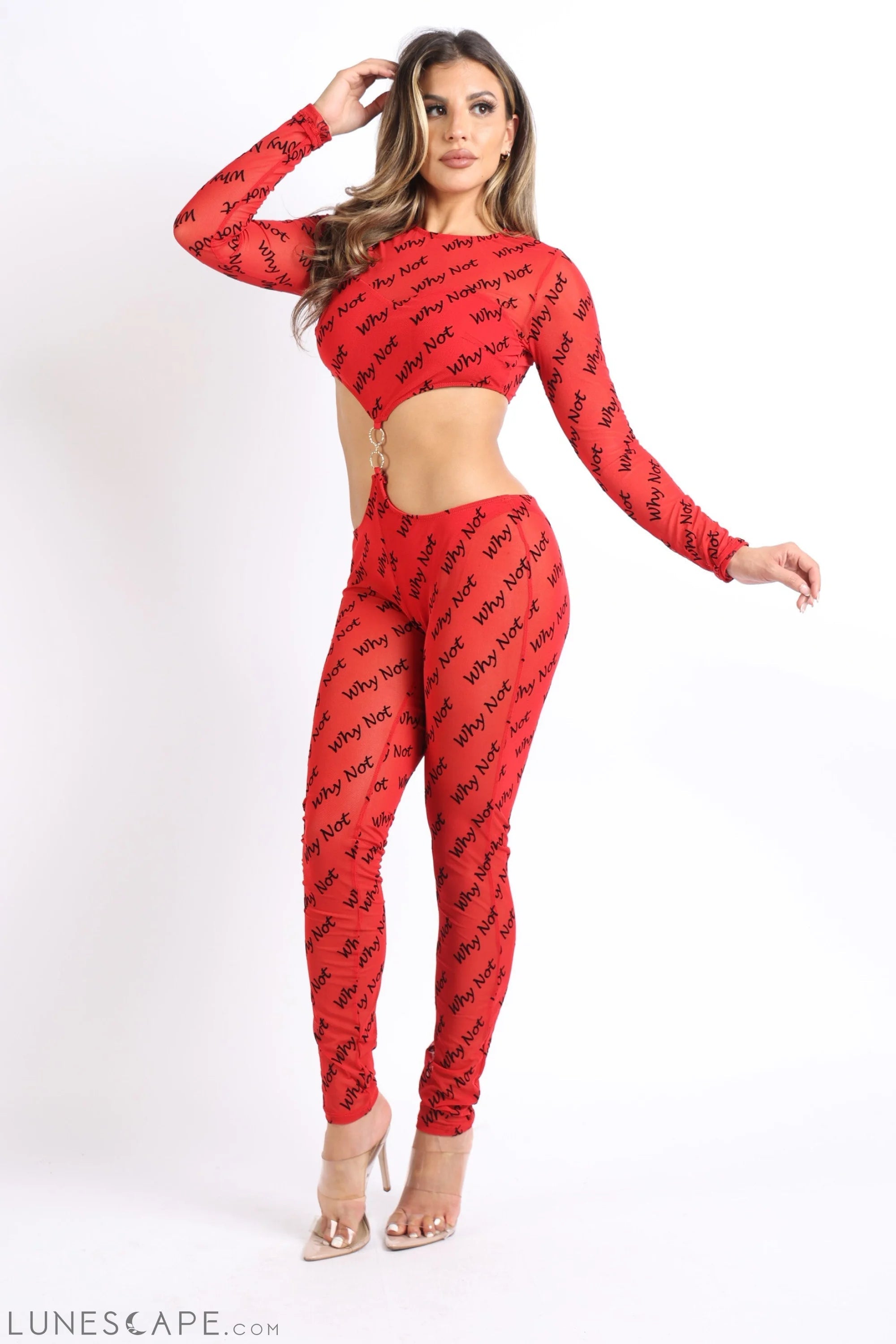 "Why Not?" Cutout Double O-Ring Mesh Sexy Jumpsuit RED LUNESCAPE