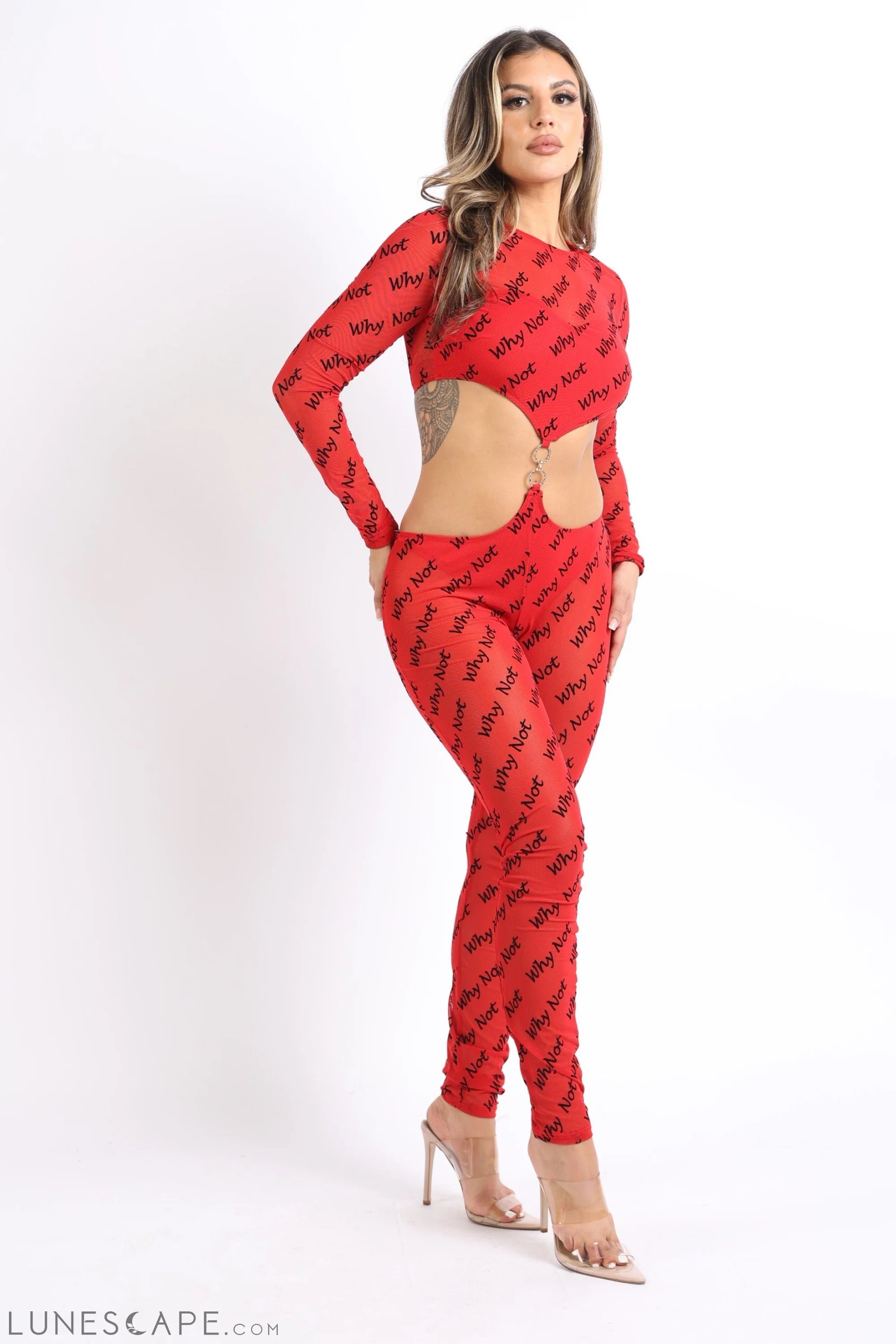 "Why Not?" Cutout Double O-Ring Mesh Sexy Jumpsuit RED LUNESCAPE