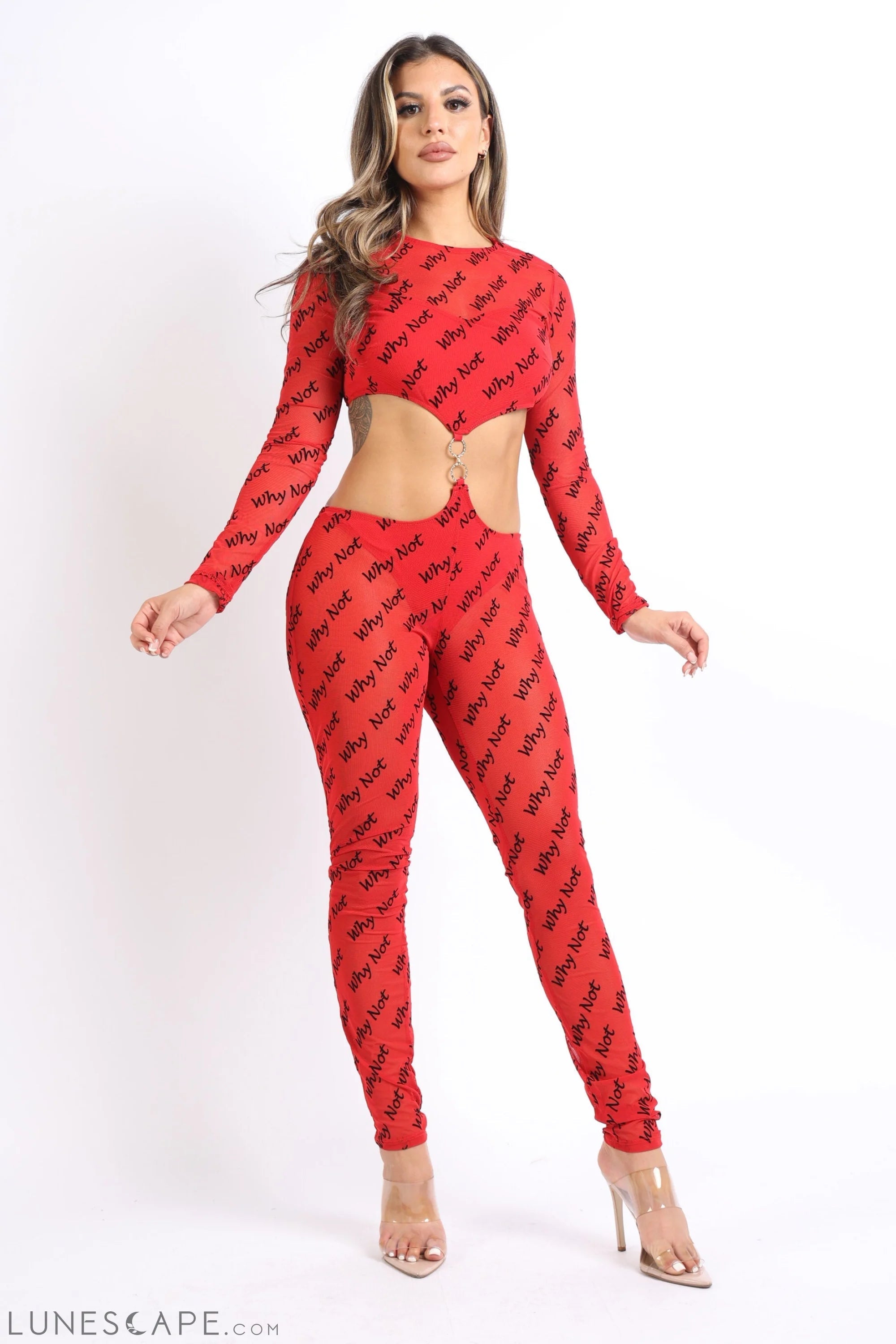 "Why Not?" Cutout Double O-Ring Mesh Sexy Jumpsuit RED LUNESCAPE