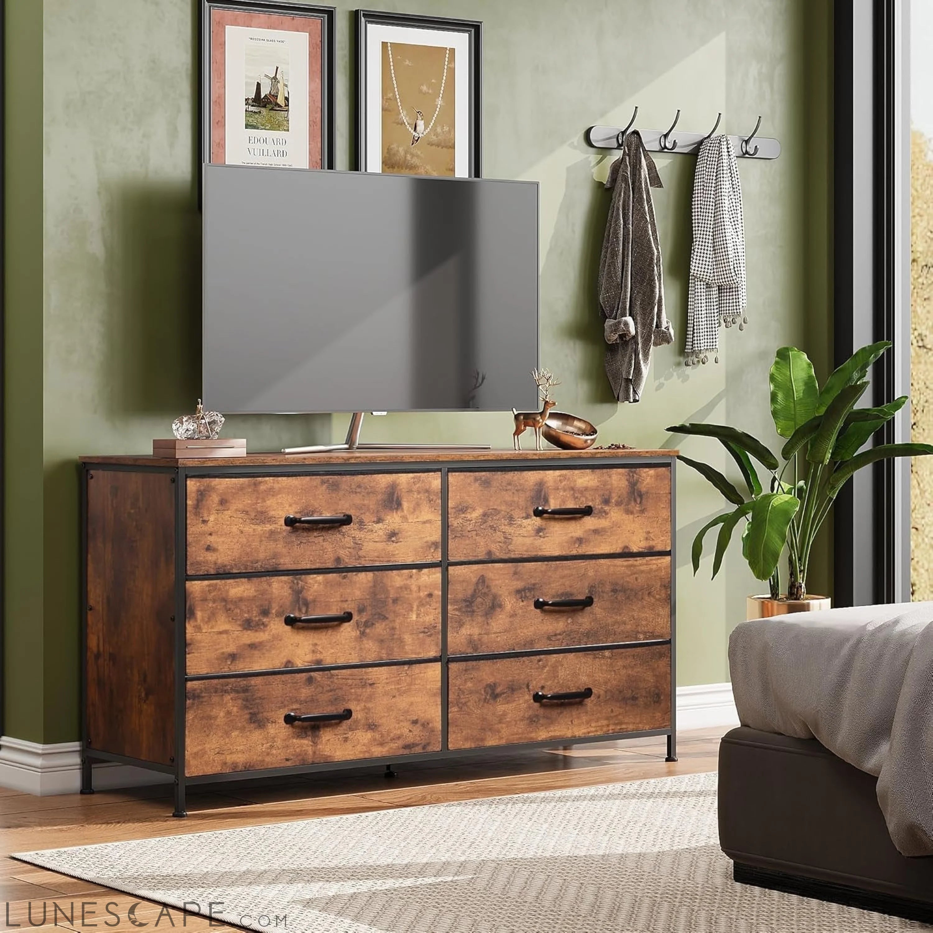 Wide Fabric Dresser, 6 Drawer Dresser TV Stand for 60" TV, Dressers LUNESCAPE
