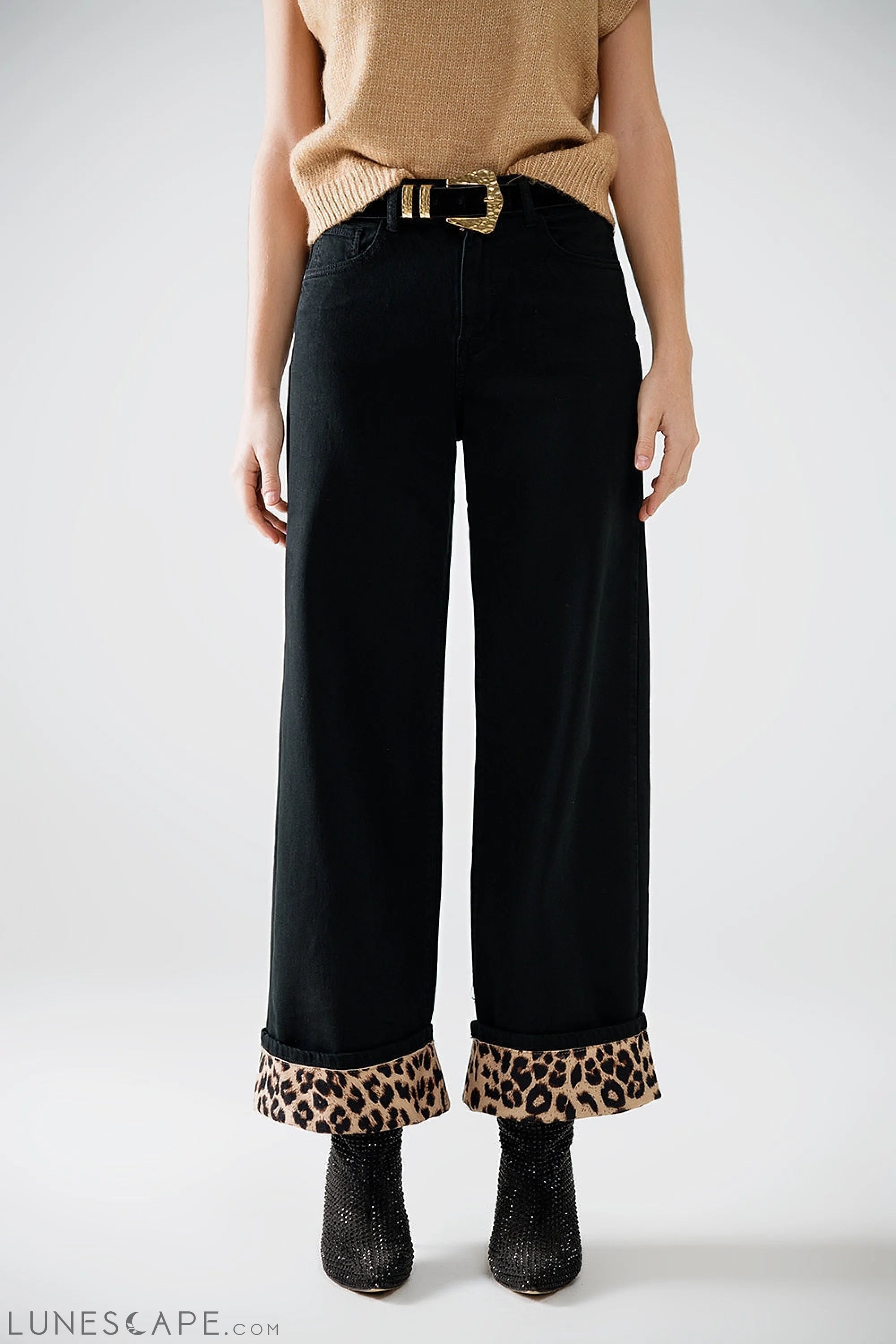 Wide Leg Black Pants With Leopard Print at the Bottom LUNESCAPE
