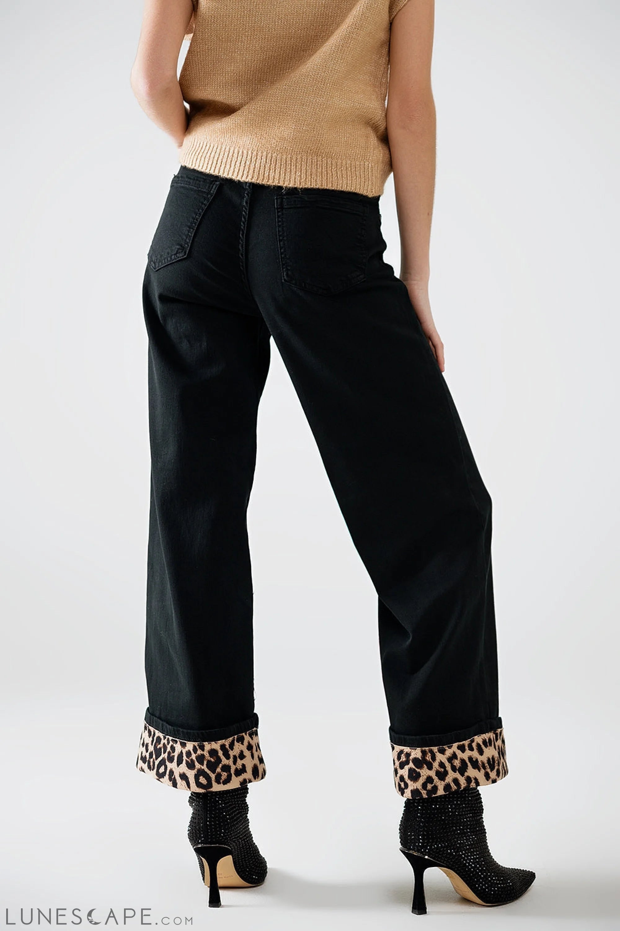 Wide Leg Black Pants With Leopard Print at the Bottom LUNESCAPE