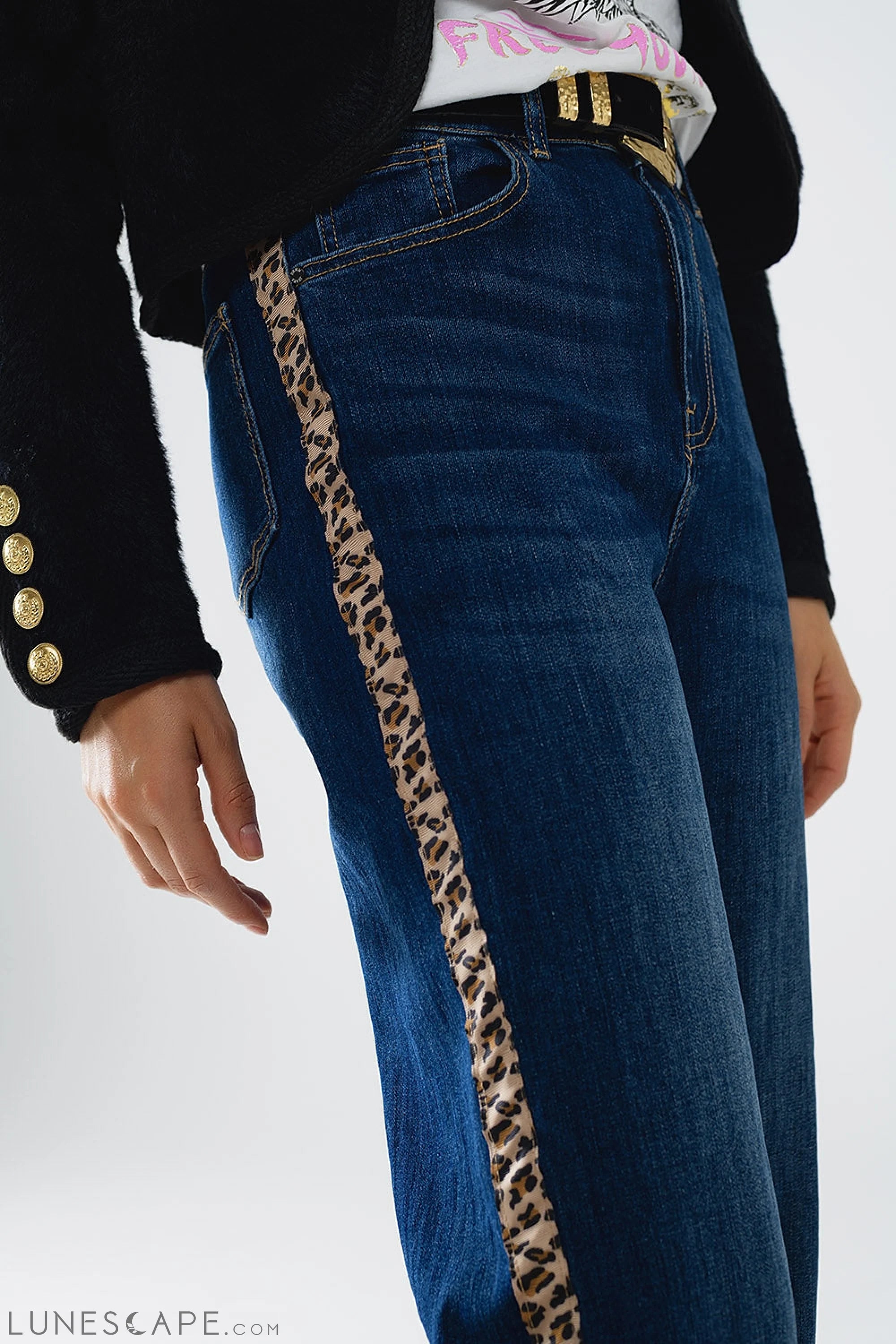 Wide Leg Jeans With Leopard Stripe on Side LUNESCAPE