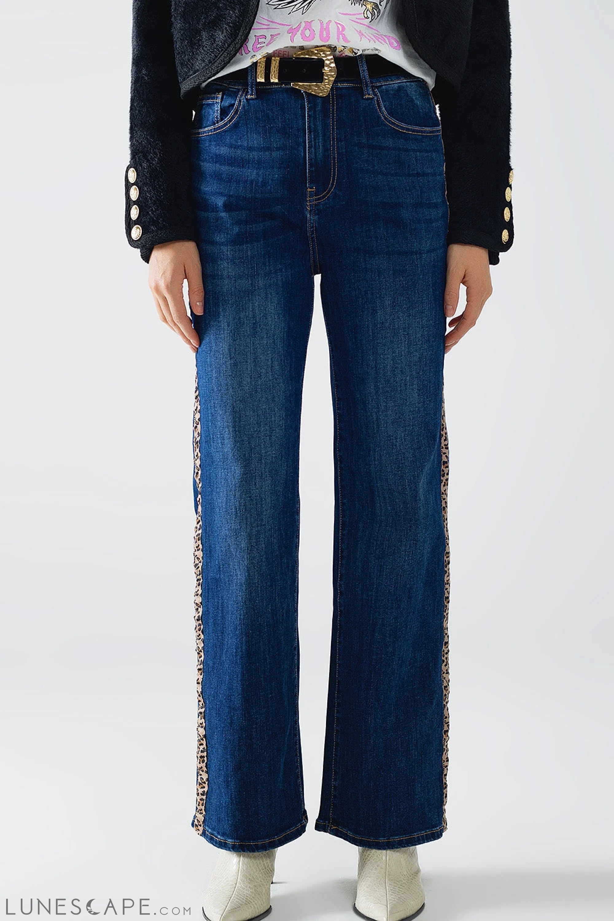Wide Leg Jeans With Leopard Stripe on Side LUNESCAPE