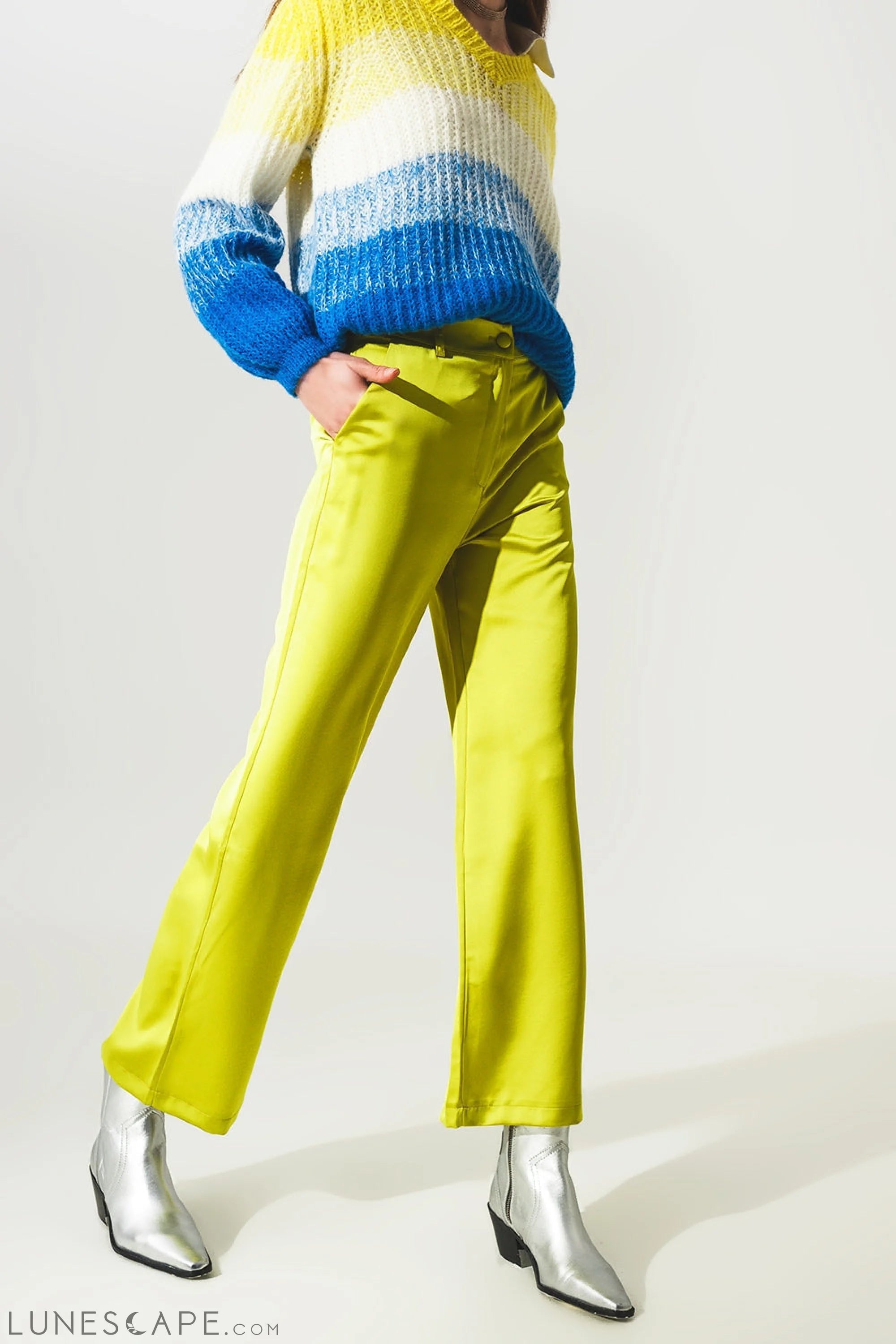 Wide Leg Satin Pants in Lime Green LUNESCAPE