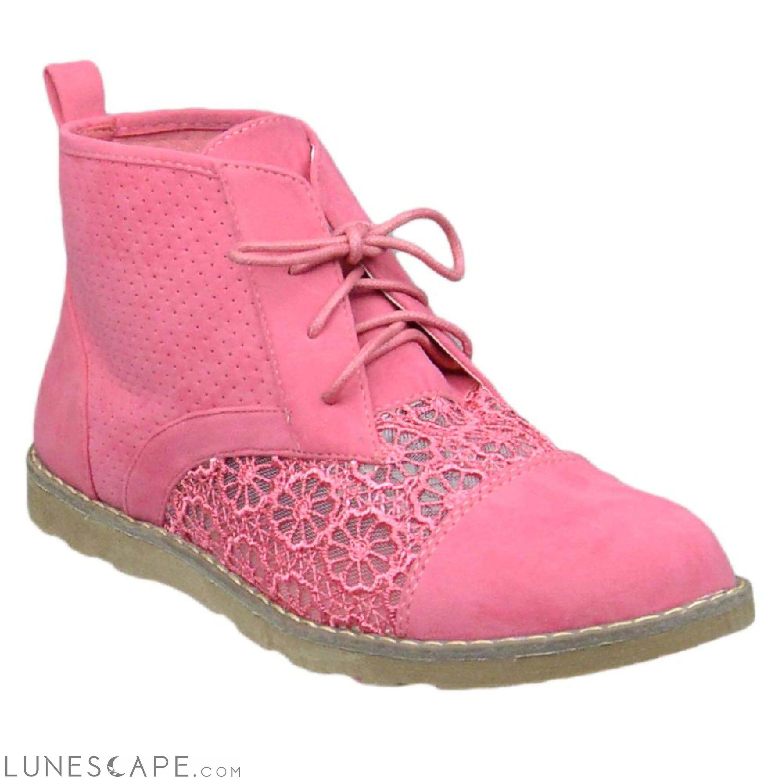 Women's Booties Embroidered Flower Lace Up Oxford Pink LUNESCAPE