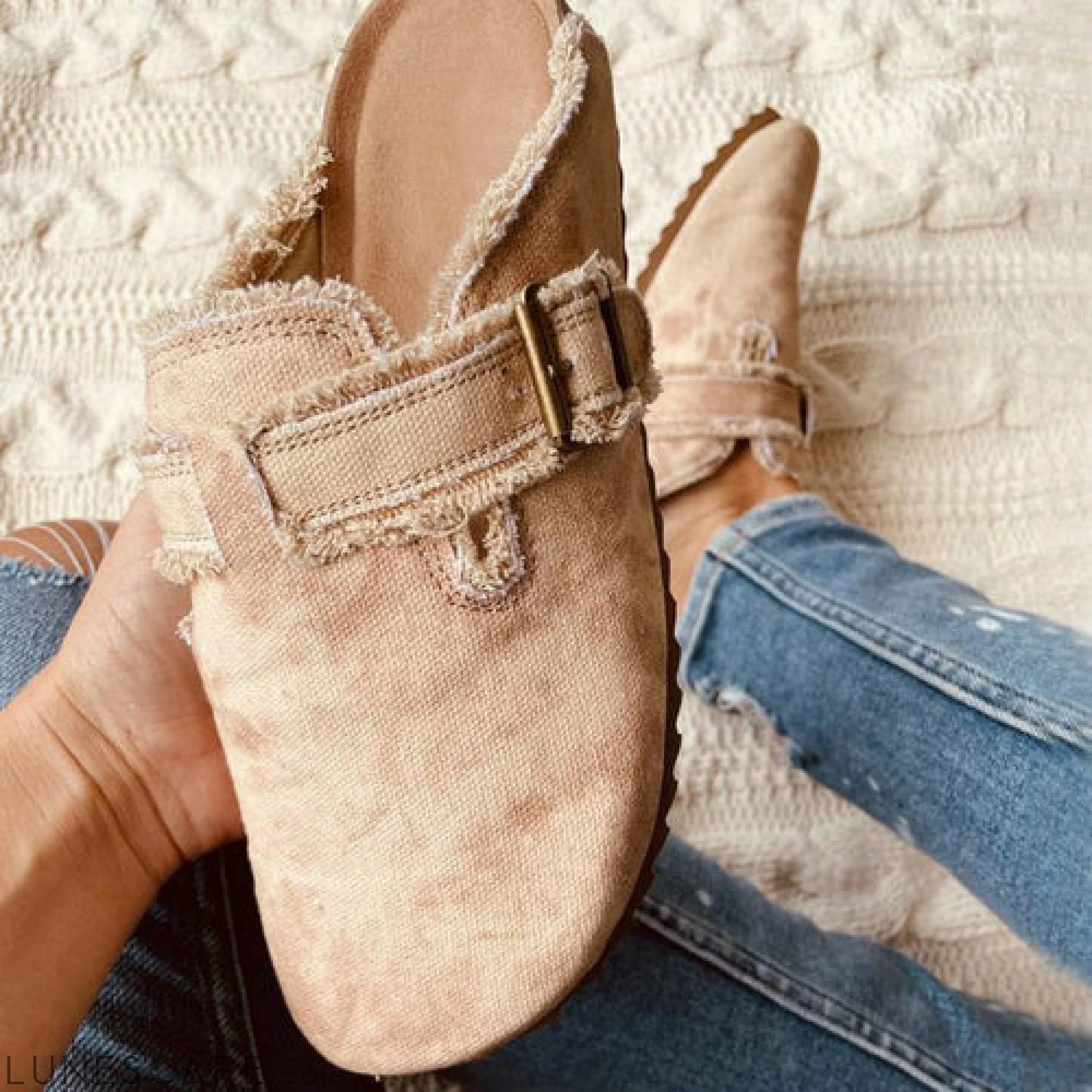 Women's Vintage Clogs Flat Heel Round Toe Canvas Loafer LUNESCAPE