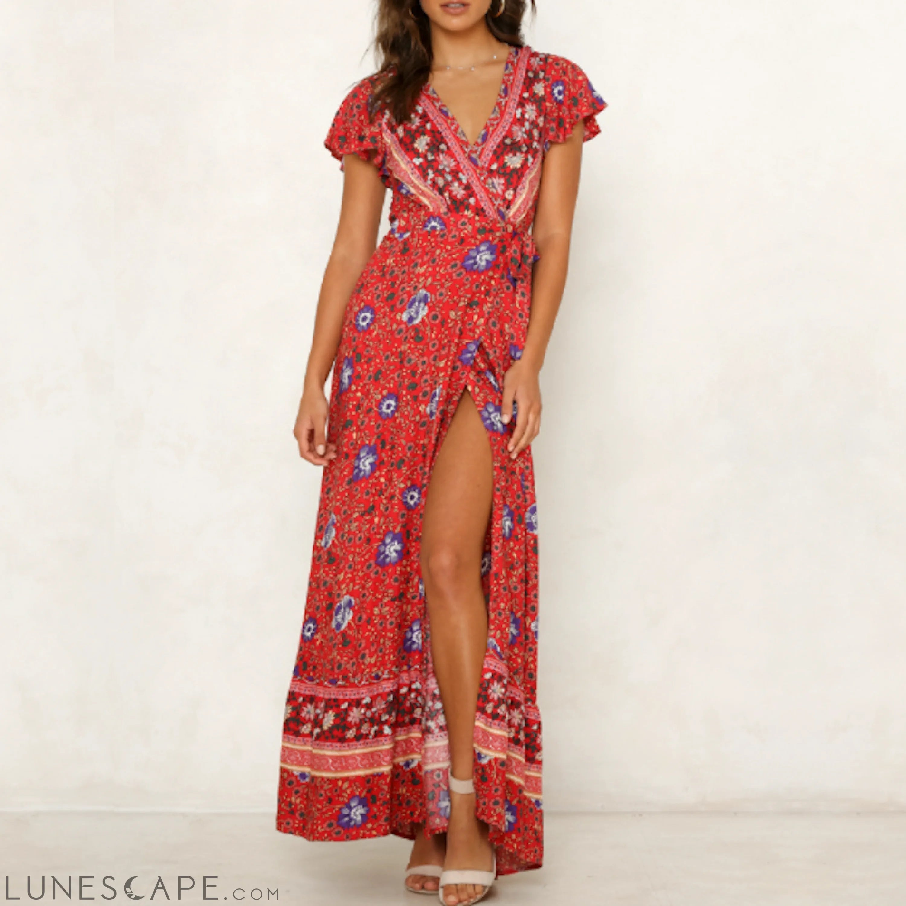 Womens Wrap Style V Neck Floral Maxi Dress LUNESCAPE