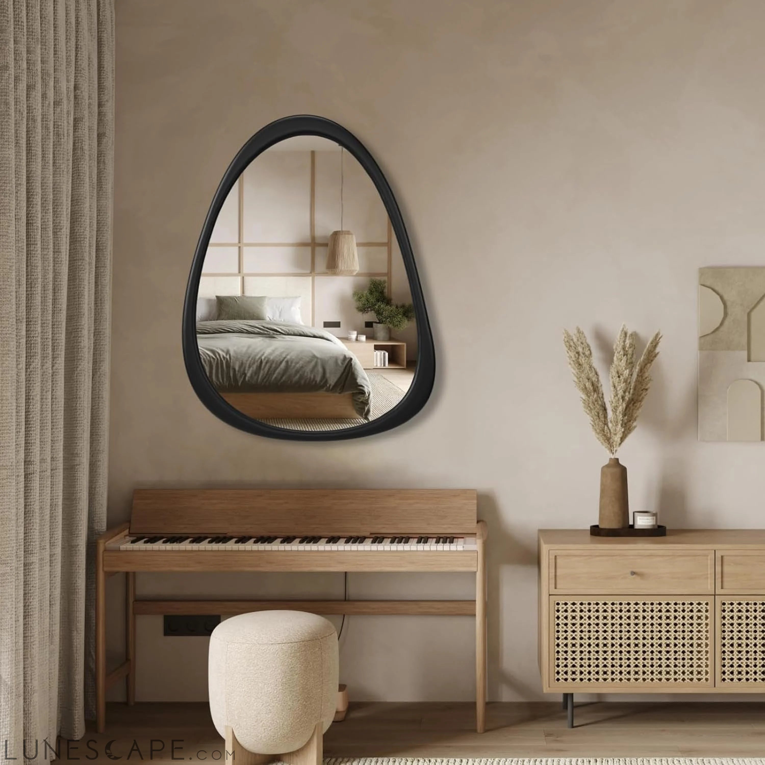 Wooden Wall Mirror with Asymmetrical Design, 44 x 34 Irregular Shape, LUNESCAPE