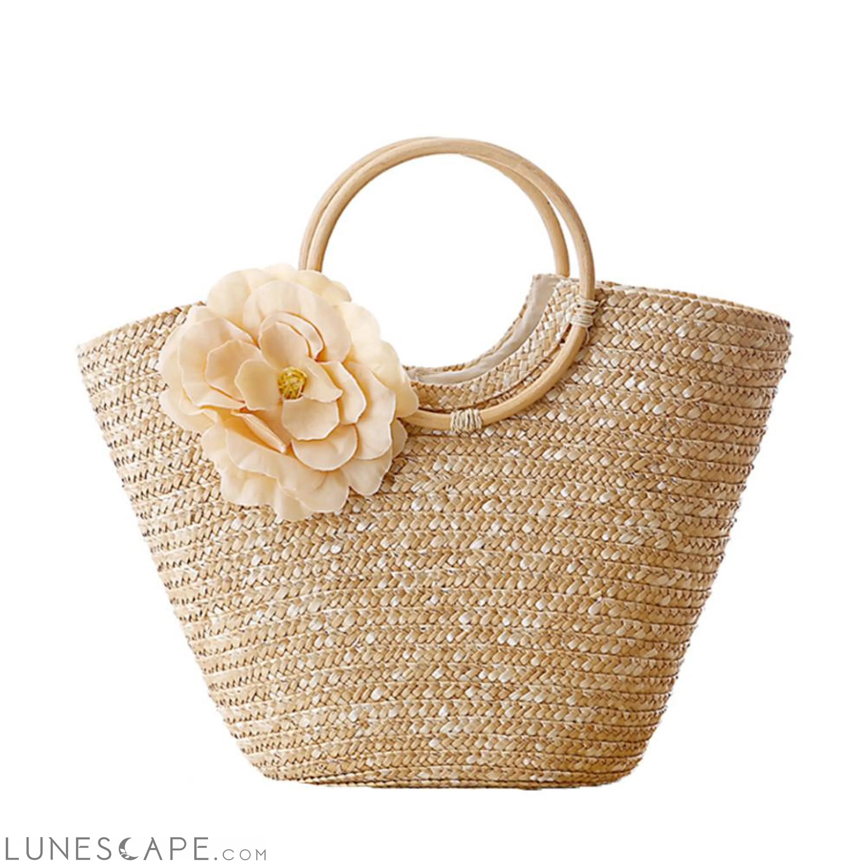 Woven Straw Totebag with Flowers LUNESCAPE