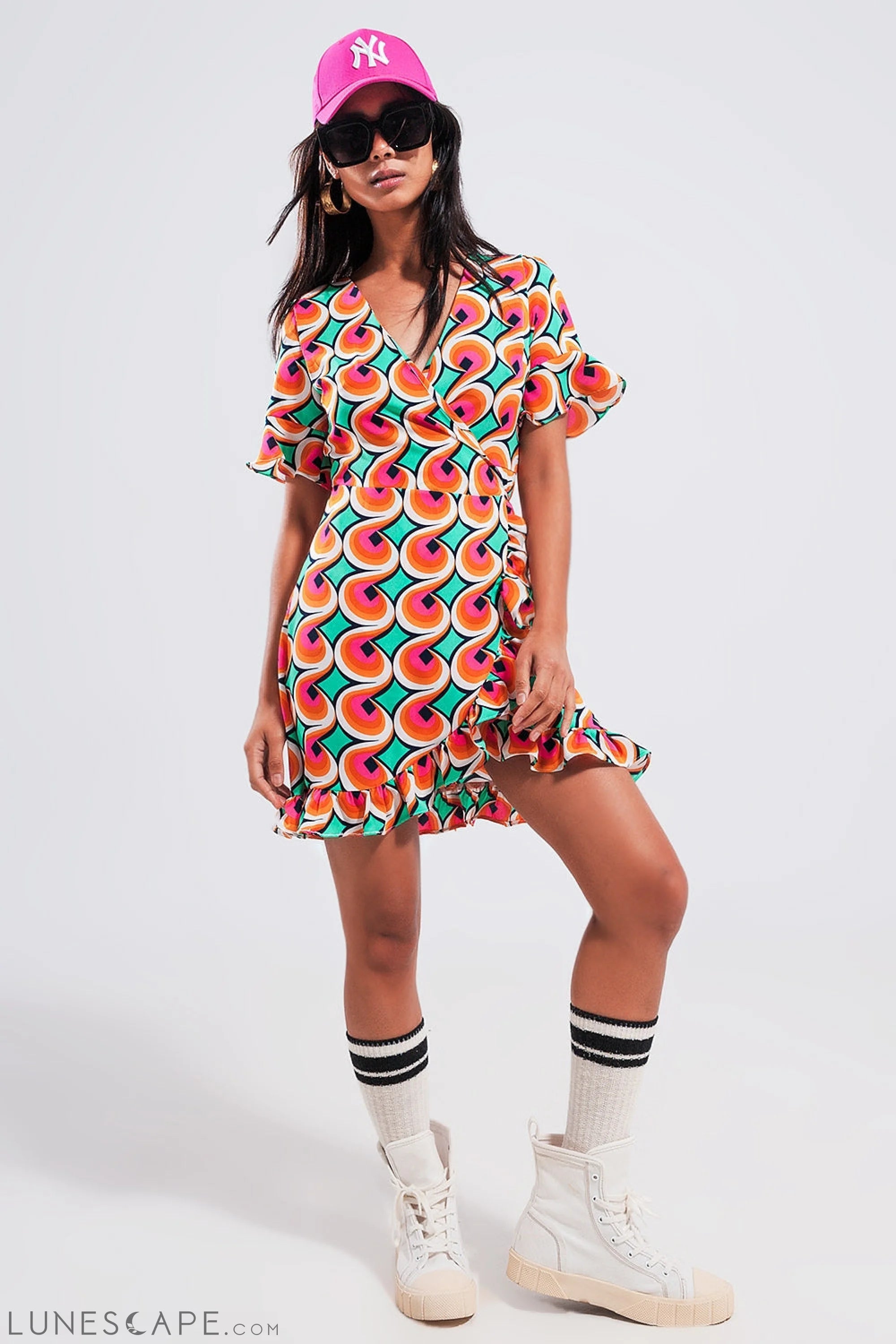 Wrap Ruffle Hem Mini Dress in 70s Orange Print LUNESCAPE