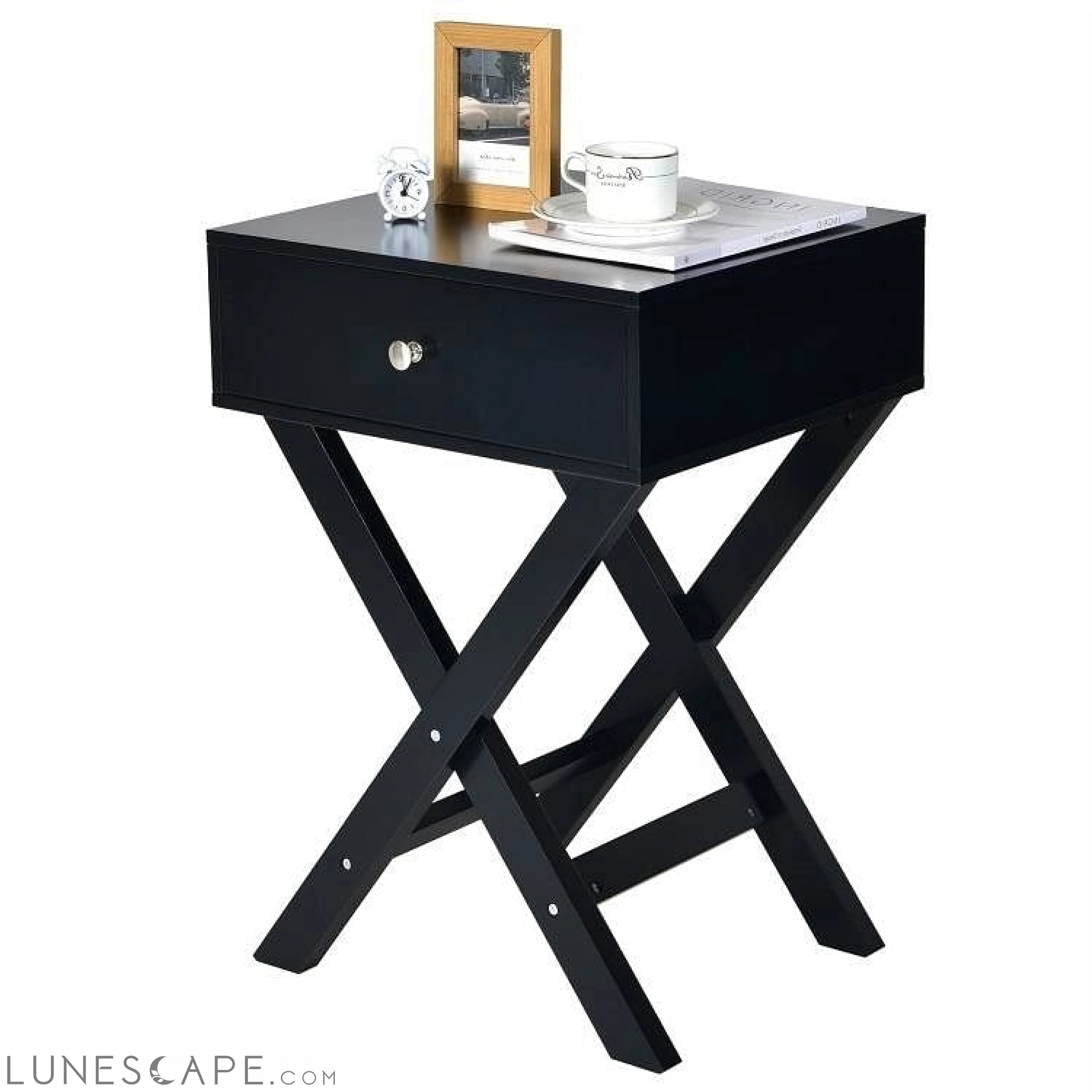 X-Shape 1 Drawer Nightstand End/Side Table Storage in Black LUNESCAPE