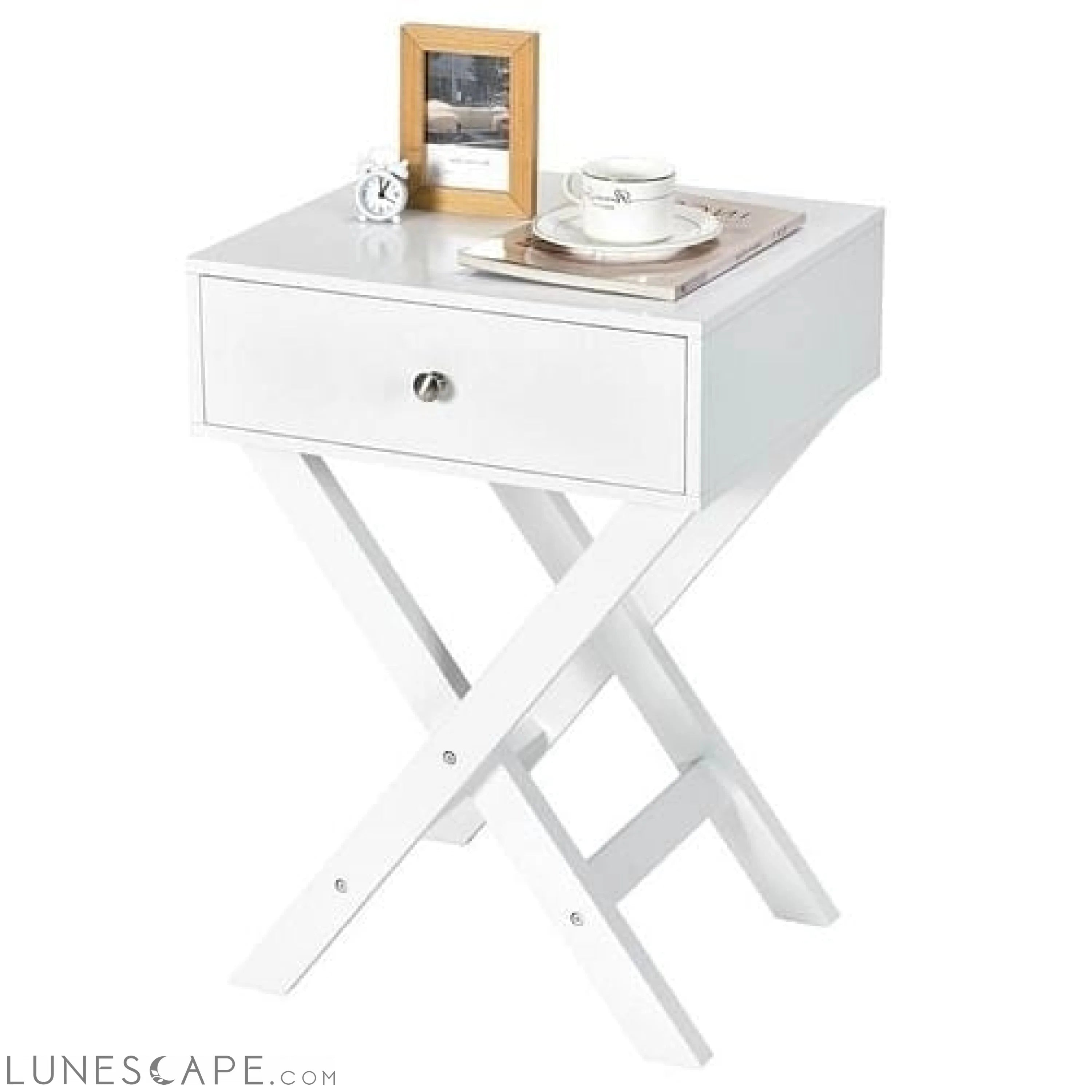 X-Shape 1 Drawer Nightstand End/Side Table Storage in White LUNESCAPE