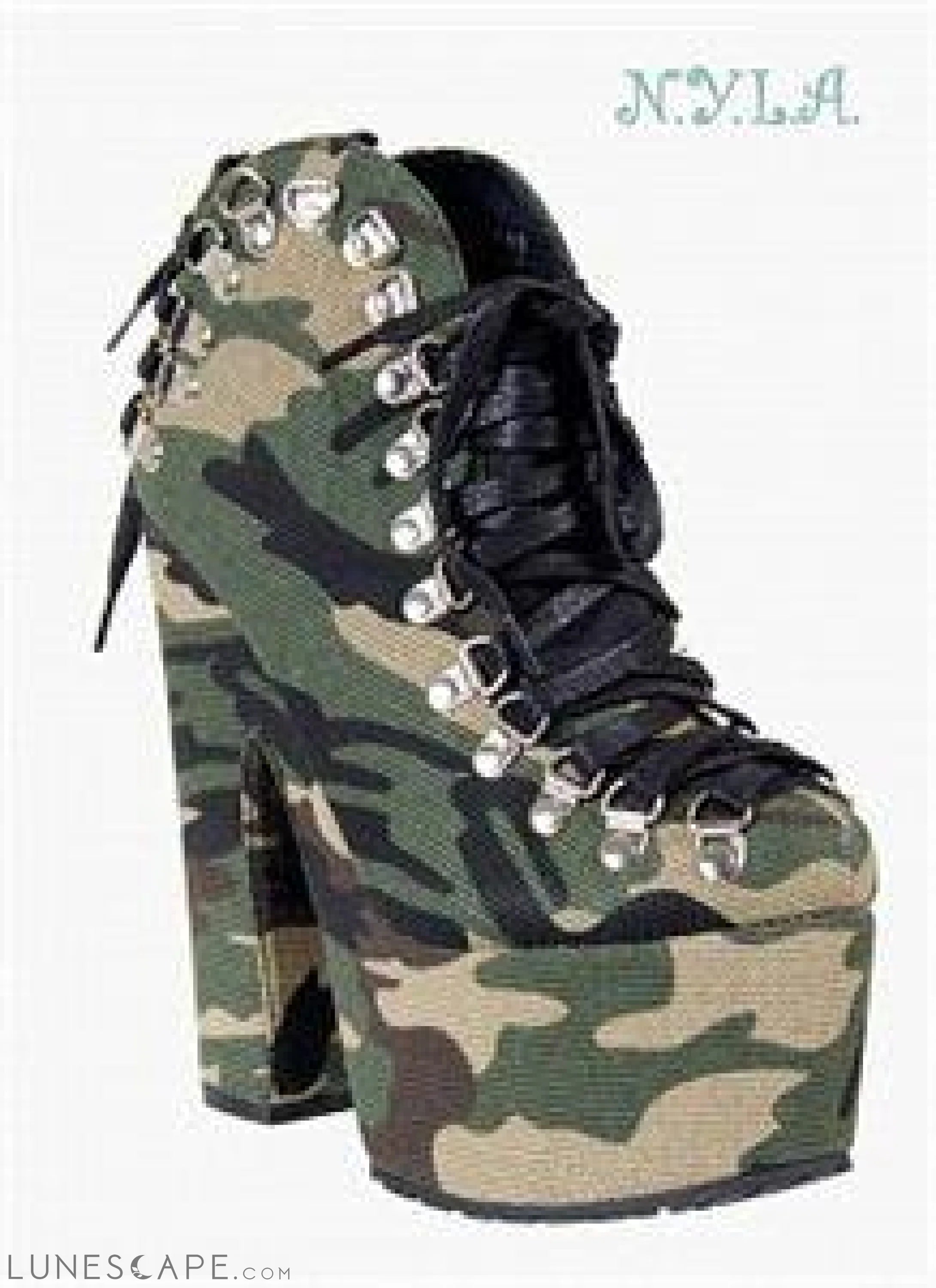 YASMINE Camo Print Lace Up Block Heel Platform Ankle Bootie LUNESCAPE