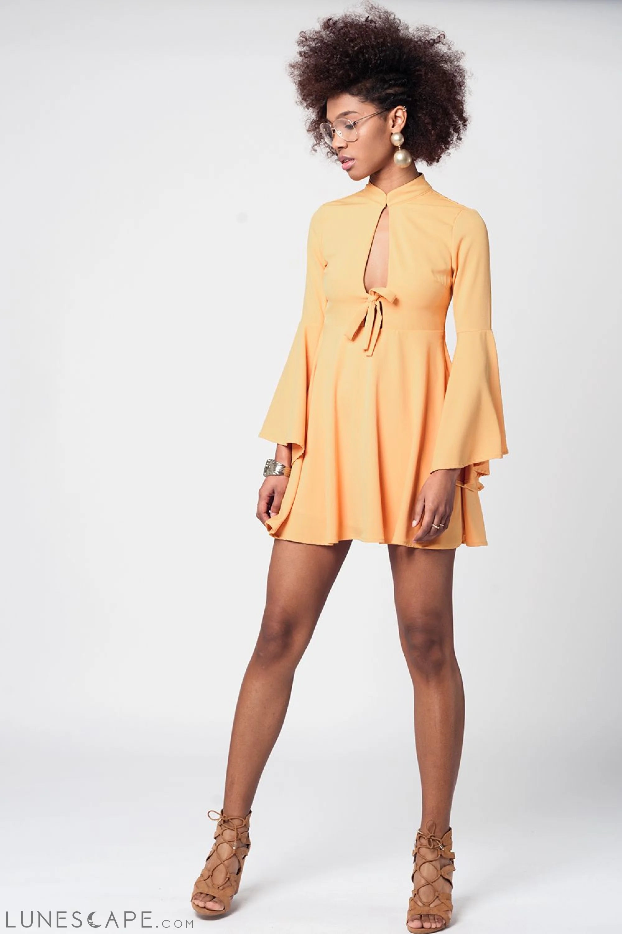 Yellow Bell Sleeve Plunge Mini Dress LUNESCAPE