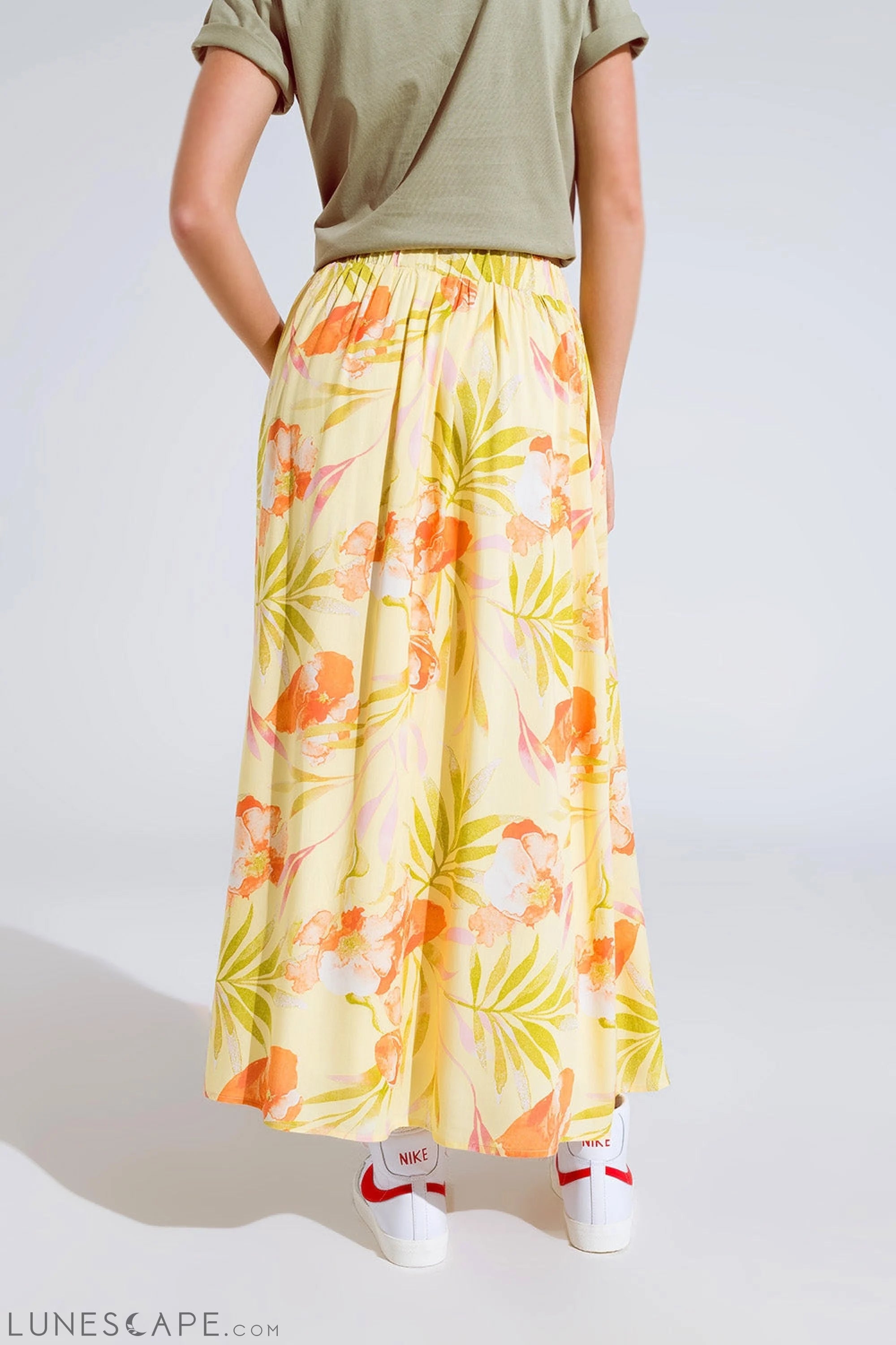 Yellow Maxi Skirt With Tropical Print LUNESCAPE
