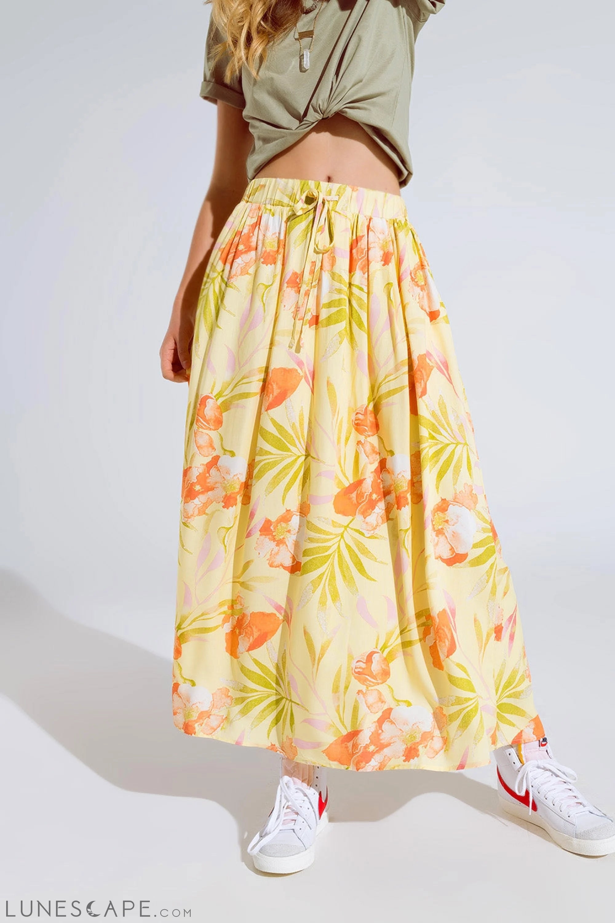 Yellow Maxi Skirt With Tropical Print LUNESCAPE