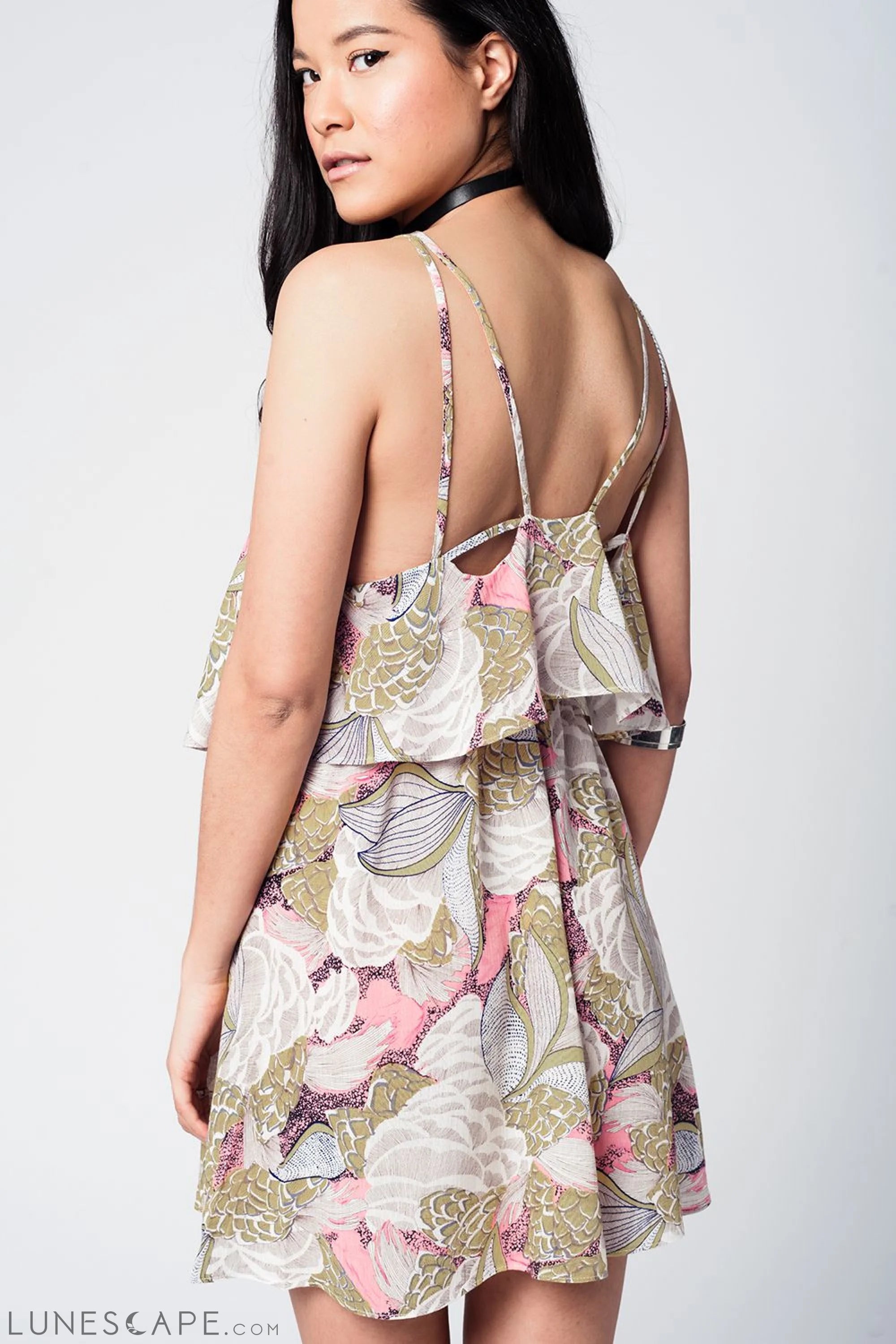 Yellow Printed Mini Dress With Double Layer and Crossed Straps LUNESCAPE