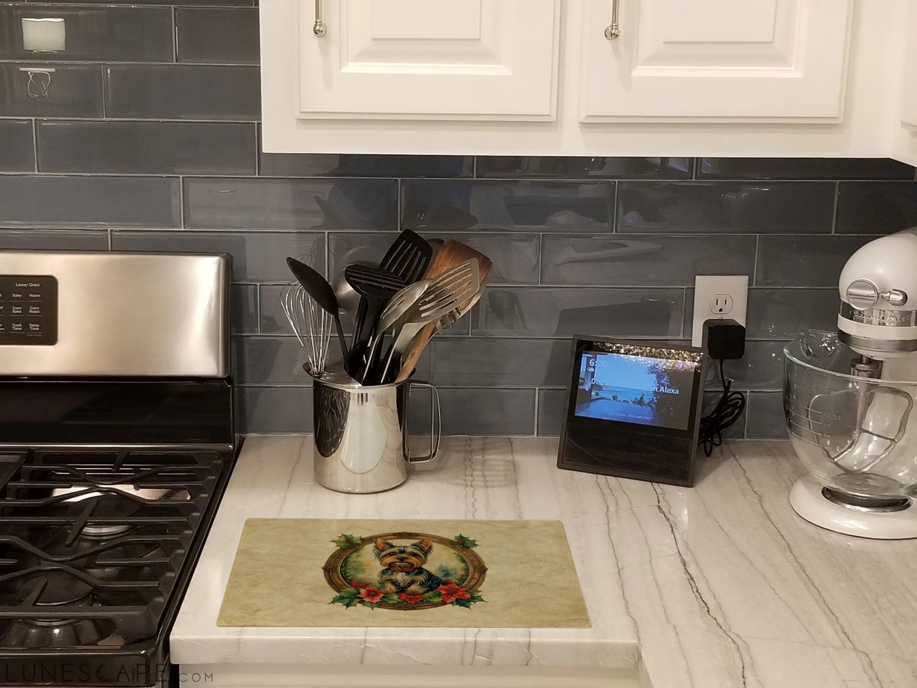 Yorkie Christmas Flowers Glass Cutting Board LUNESCAPE