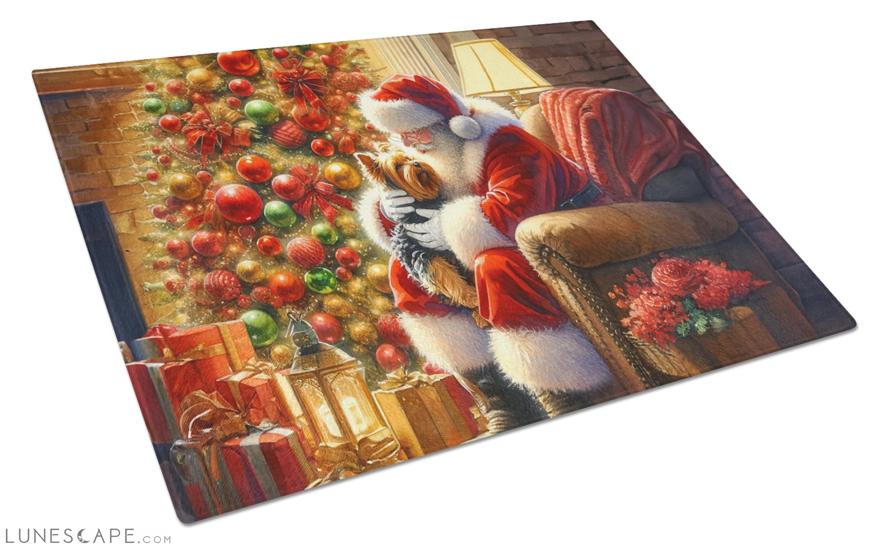 Yorkshire Terrier Yorkie and Santa Claus Glass Cutting Board LUNESCAPE