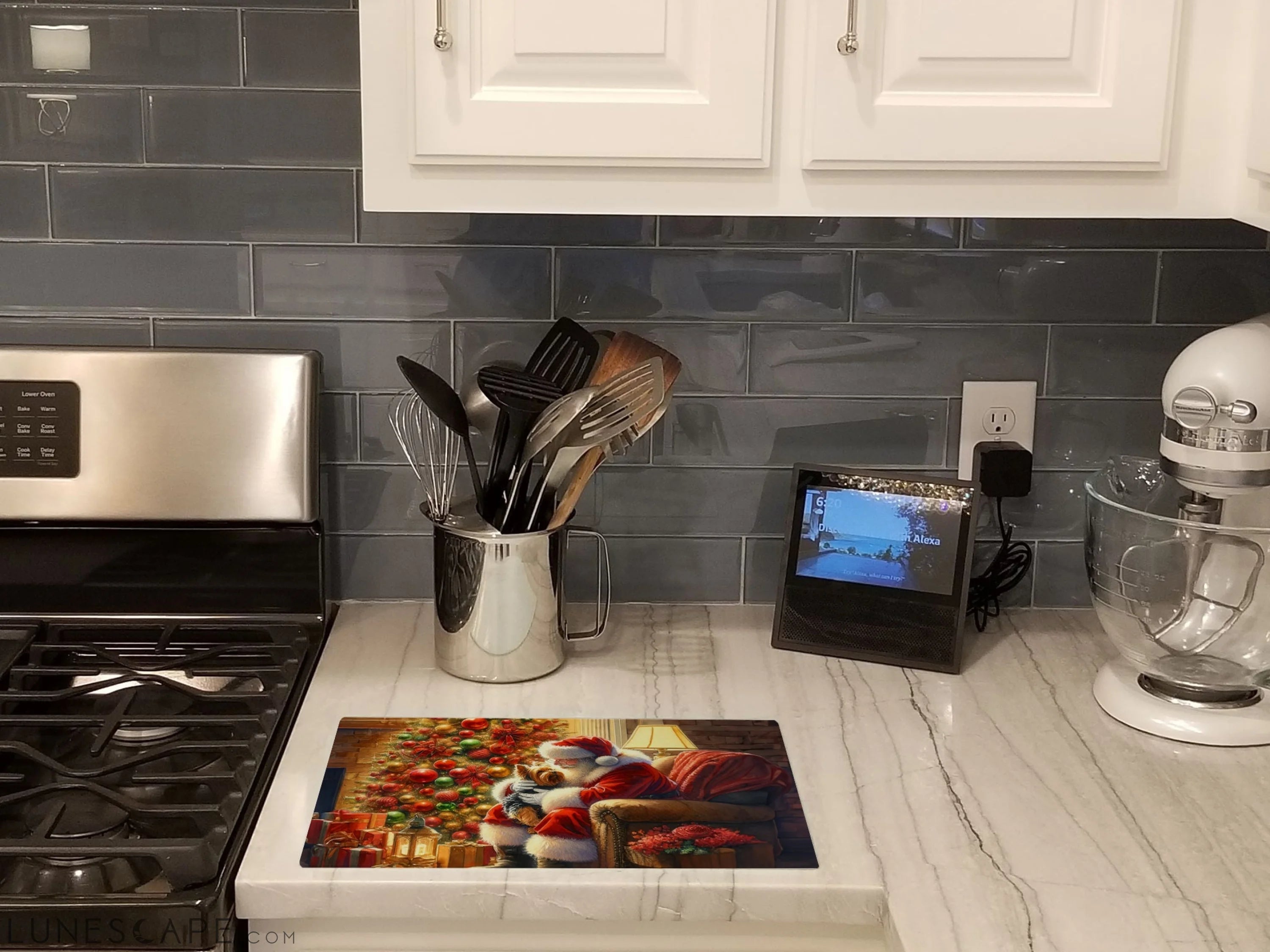 Yorkshire Terrier Yorkie and Santa Claus Glass Cutting Board LUNESCAPE